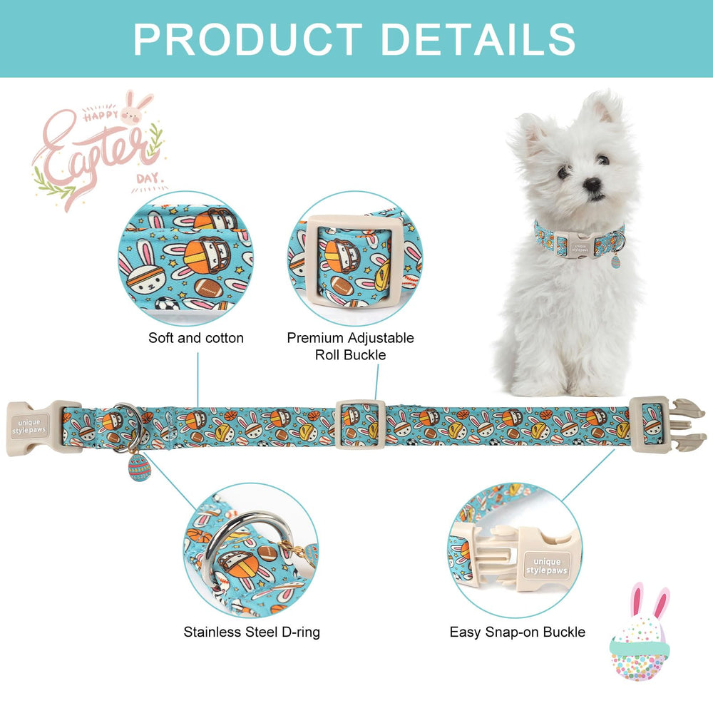 Unique style paws puppy collar small blue strap closeup shows comfortable fit.