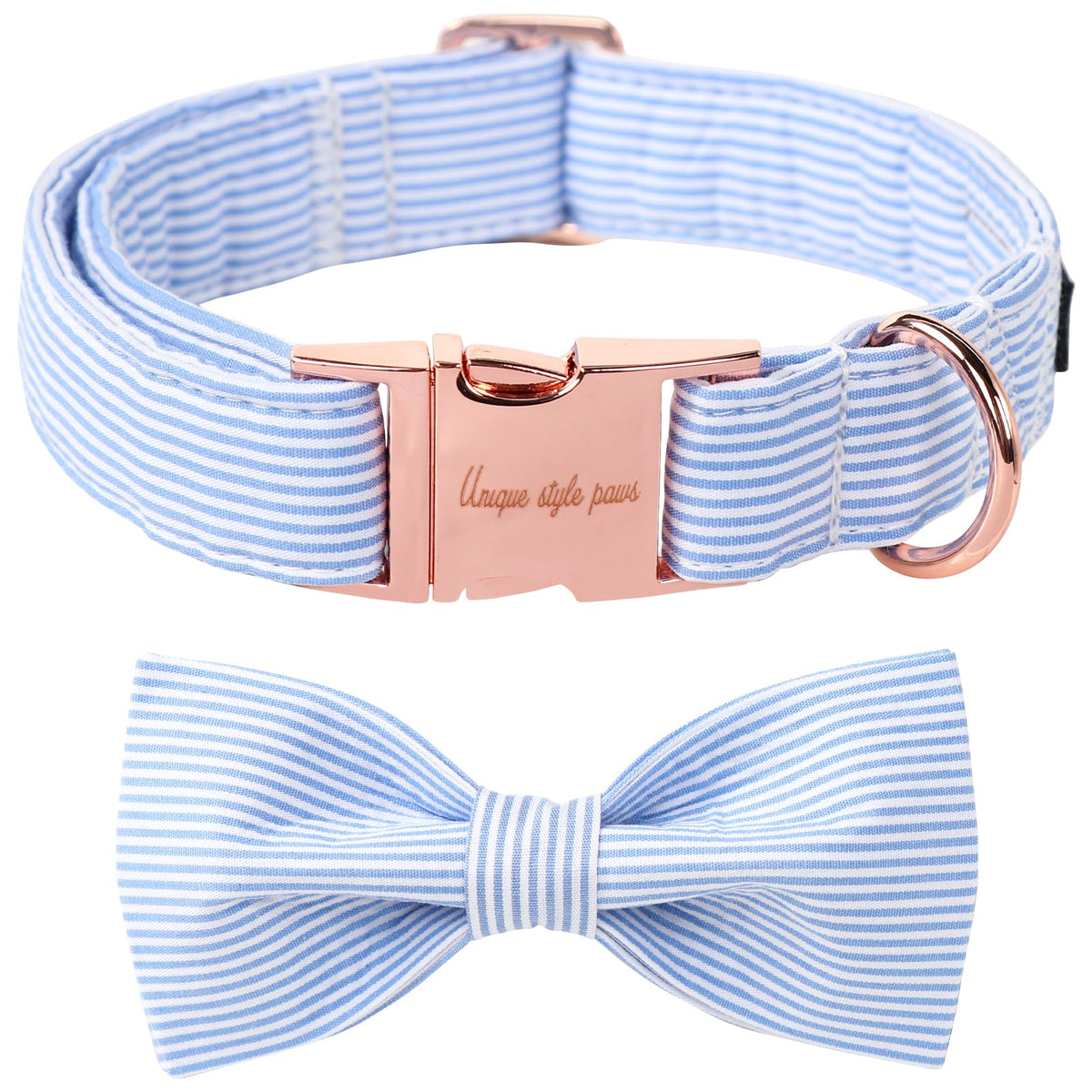 Unique Style Paws bowtie collar with navy stripe, ideal for daily wear and photos.