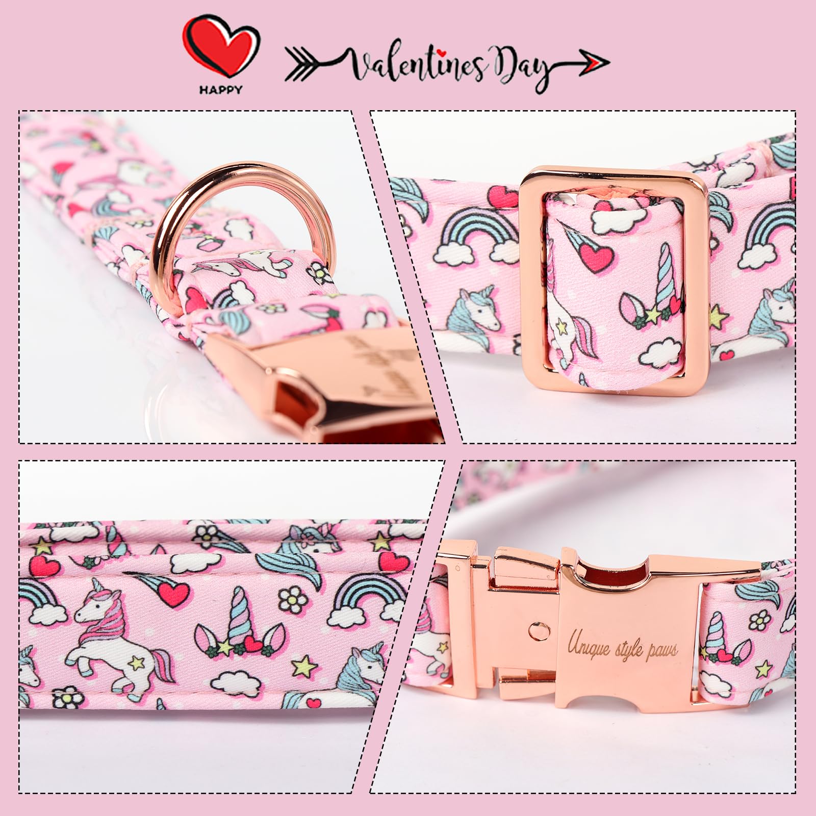Unique Style Paws Valentine Rainbow Unicorn collar metal buckle detail secures pets