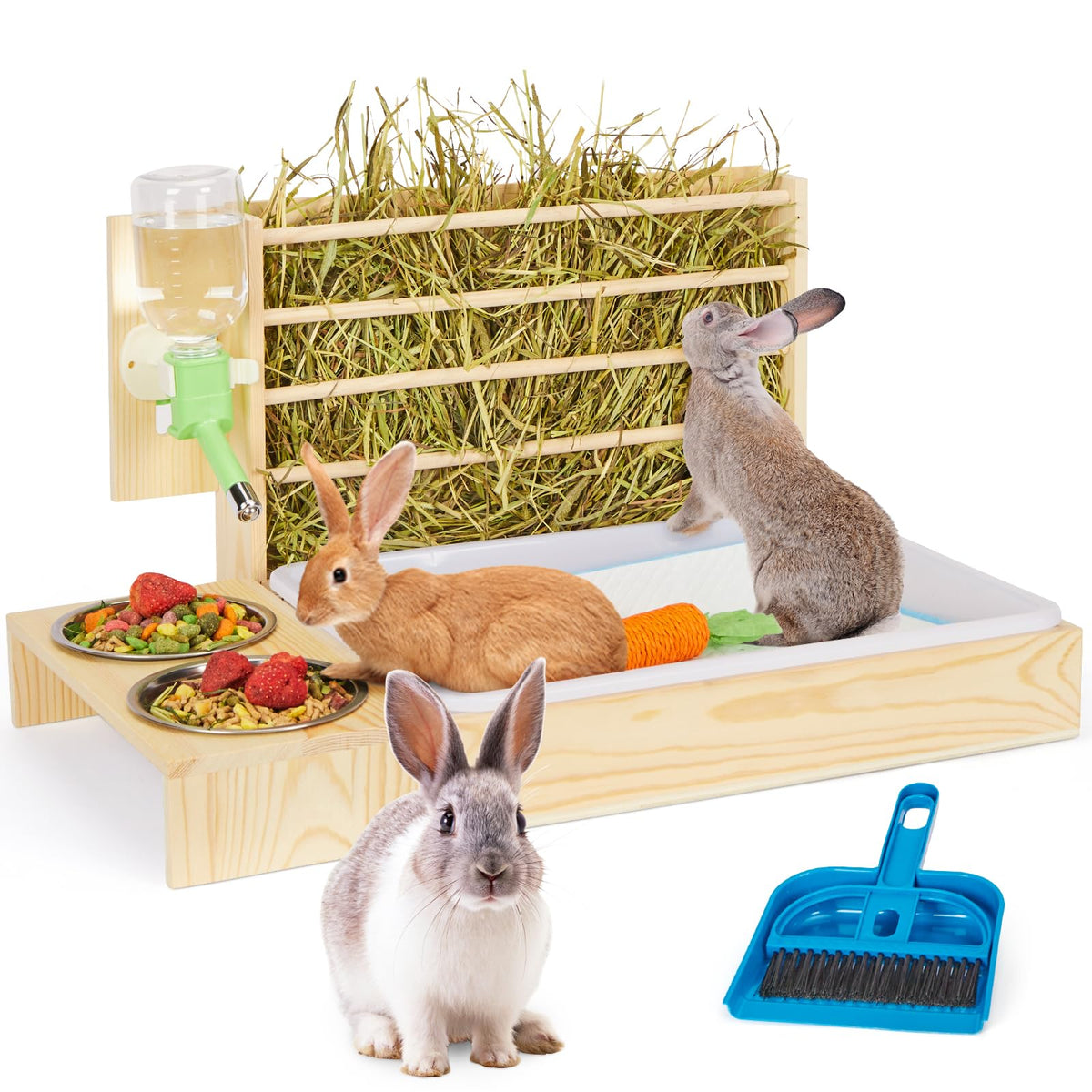 UNMOONY 4in1 rabbit hay feeder with wooden rack for tidy feeding and space-saving setup.