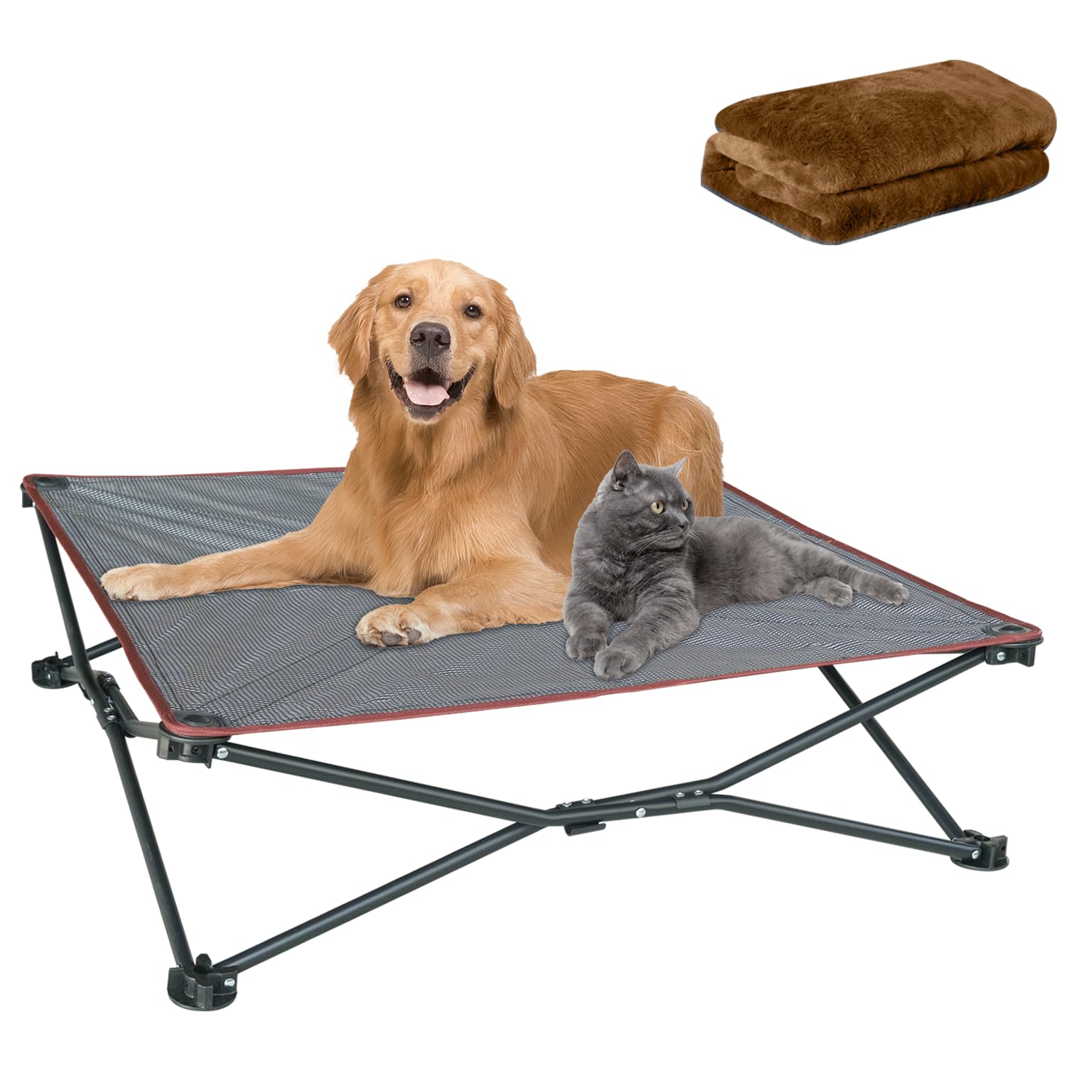 Unp elevated cooling dog bed with foldable frame for portable outdoor lounging.