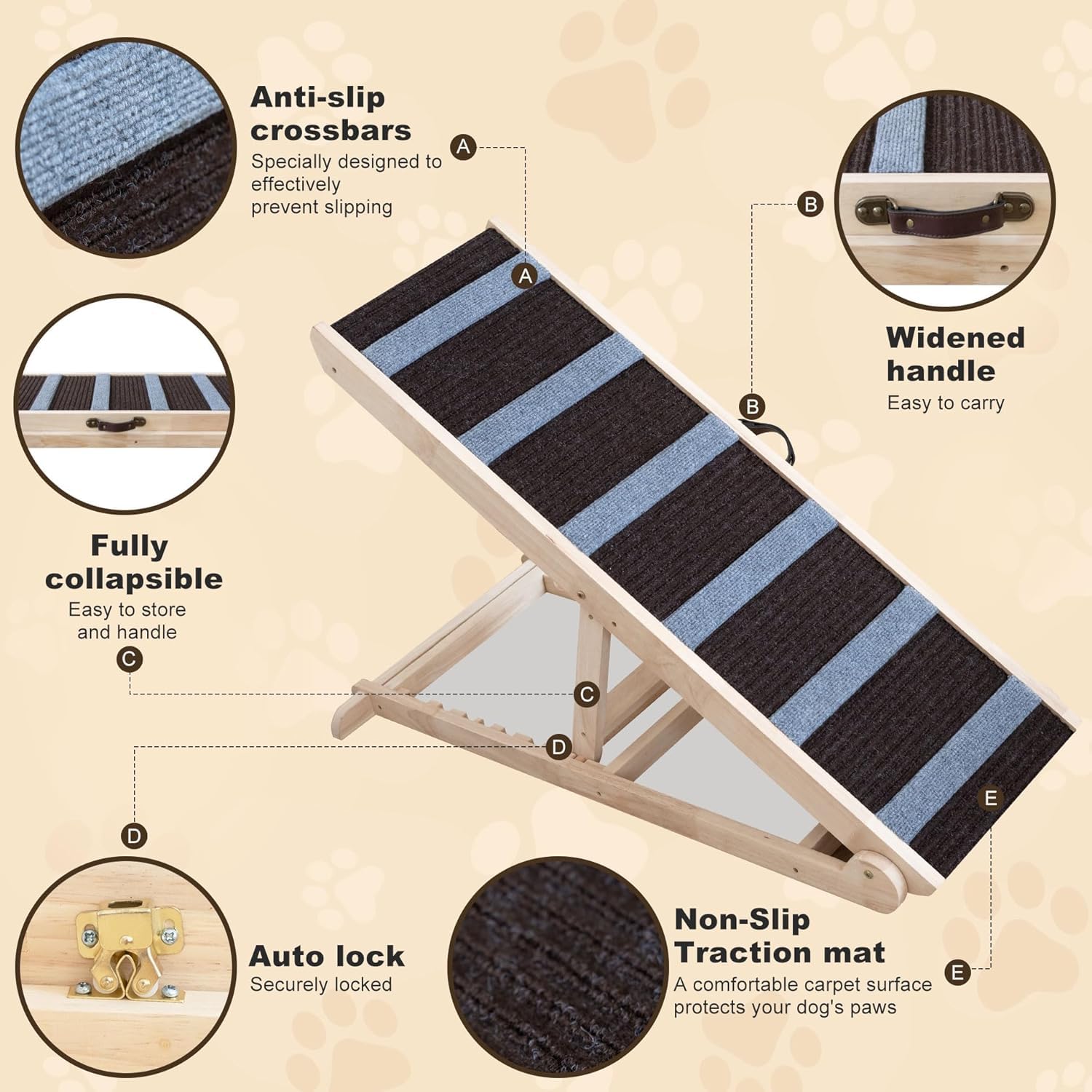 UNQBWE dog ramp anti-slip step design helps paws grip securely during climbs.