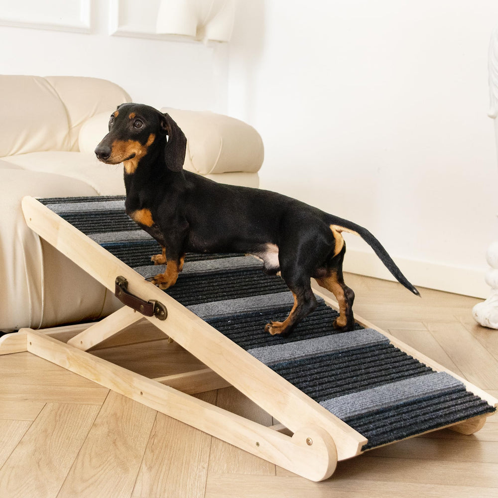 UNQBWE dog ramp for bed grey angled view promotes stable pet access up furniture.