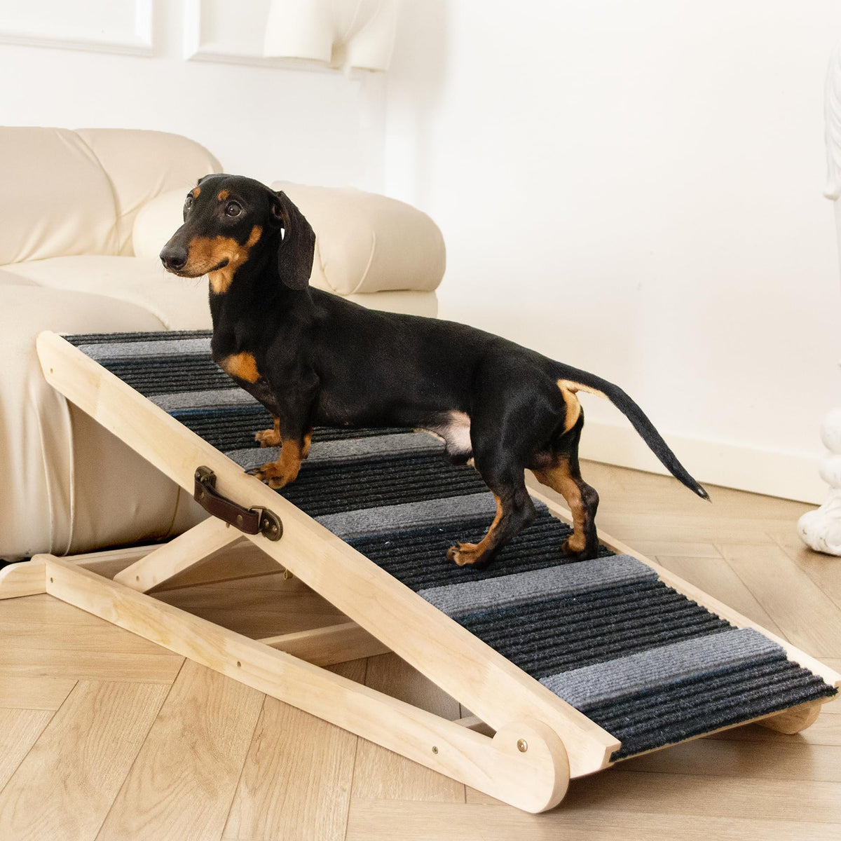 UNQBWE dog ramp for bed grey angled view promotes stable pet access up furniture.