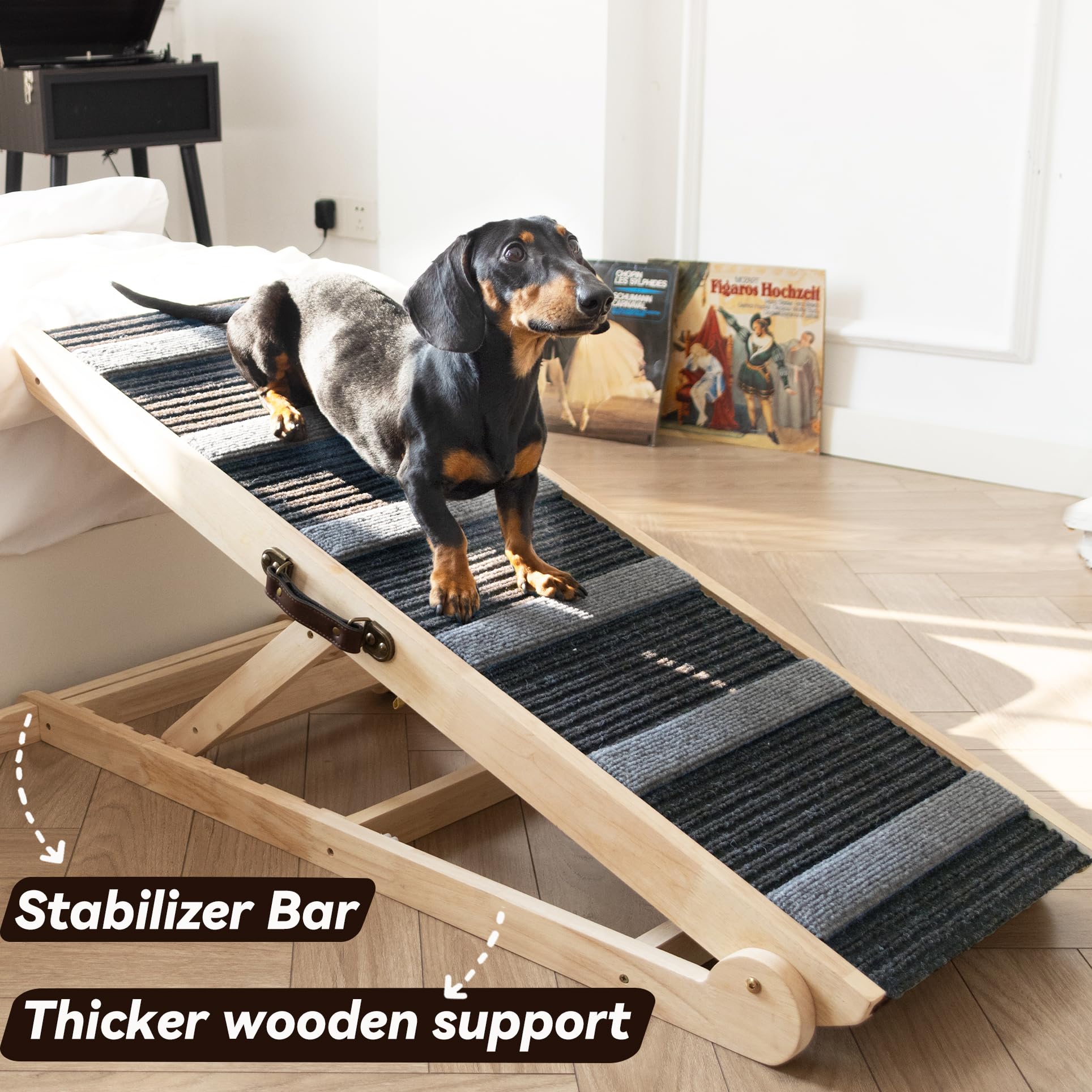 UNQBWE dog ramp for bed grey surface showcases non-slip velvet finish for safe footing.