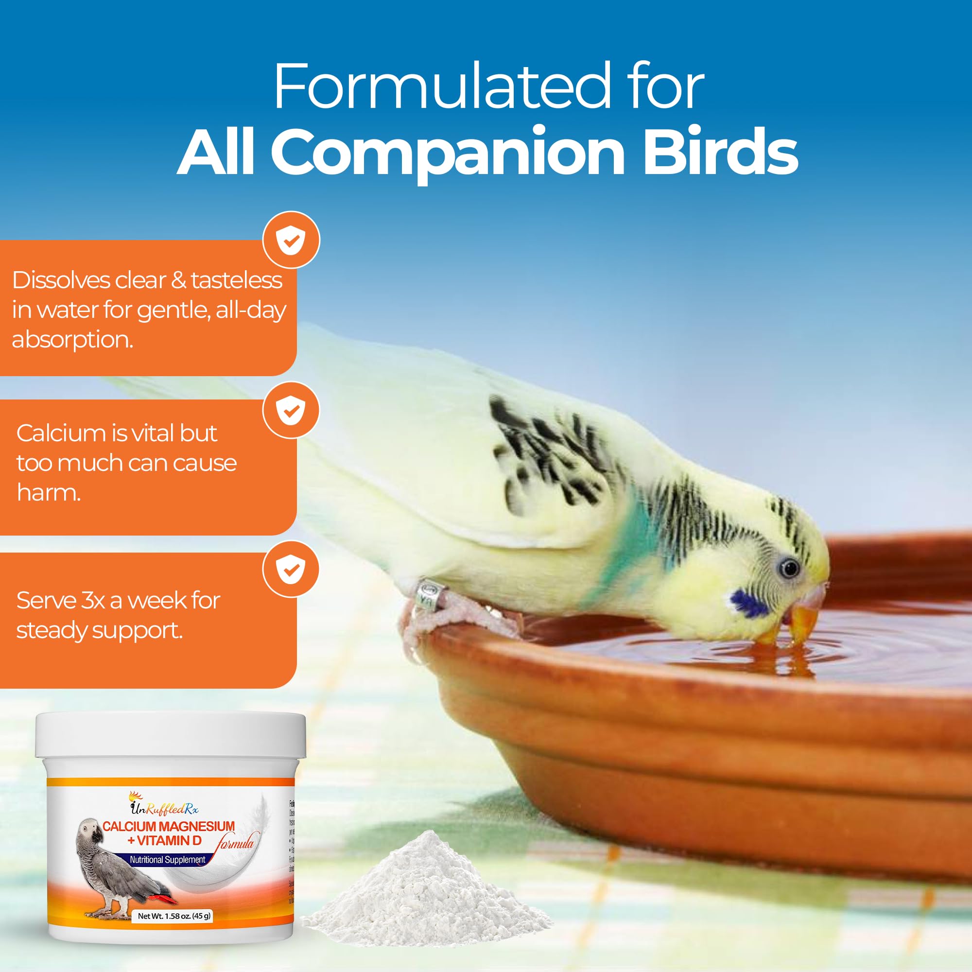 UnRuffledRx Bird Calcium Plus produced in USA FDA-registered facility badge.