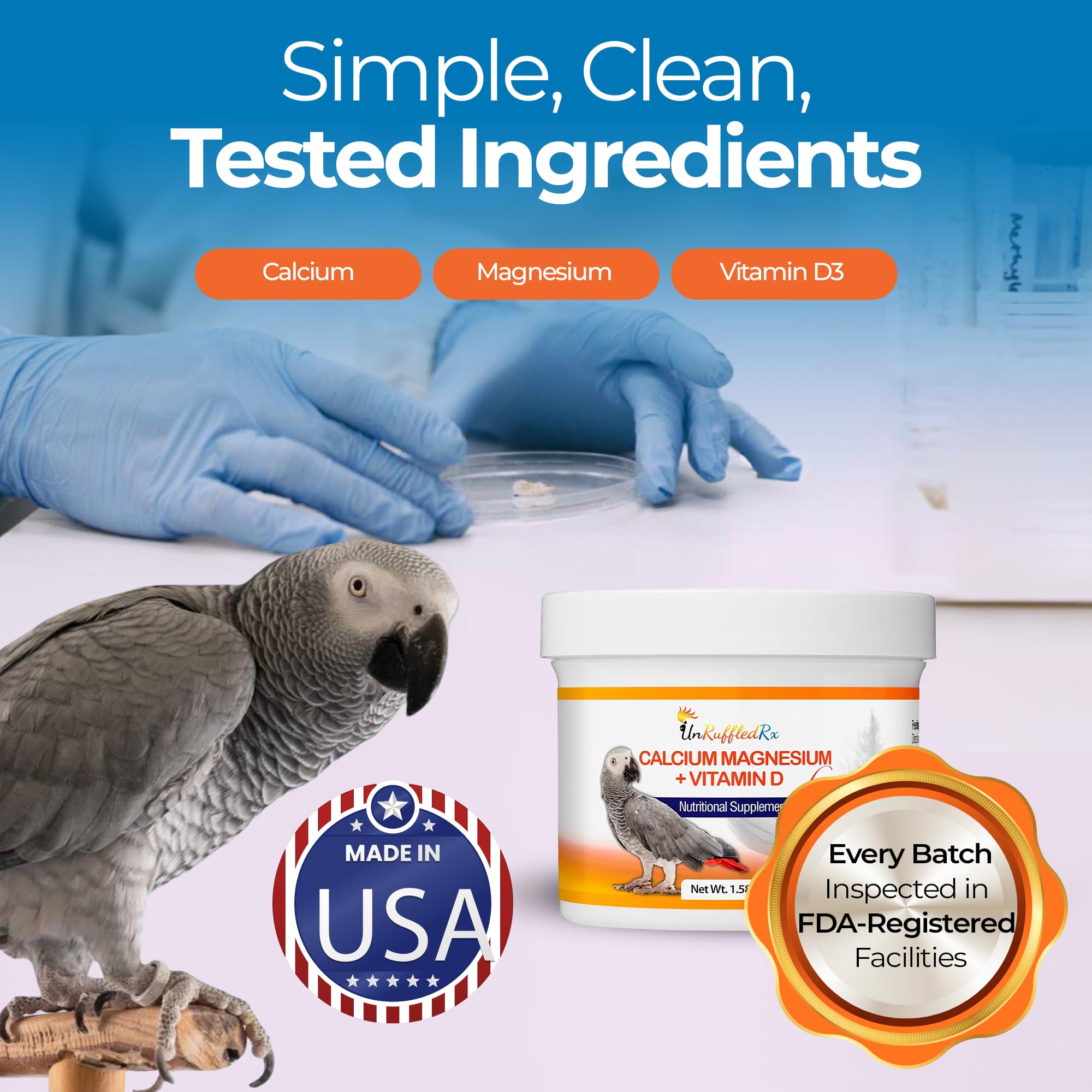 UnRuffledRx Bird Calcium Plus multi-bird care scene demonstrates overall health support for parrots.