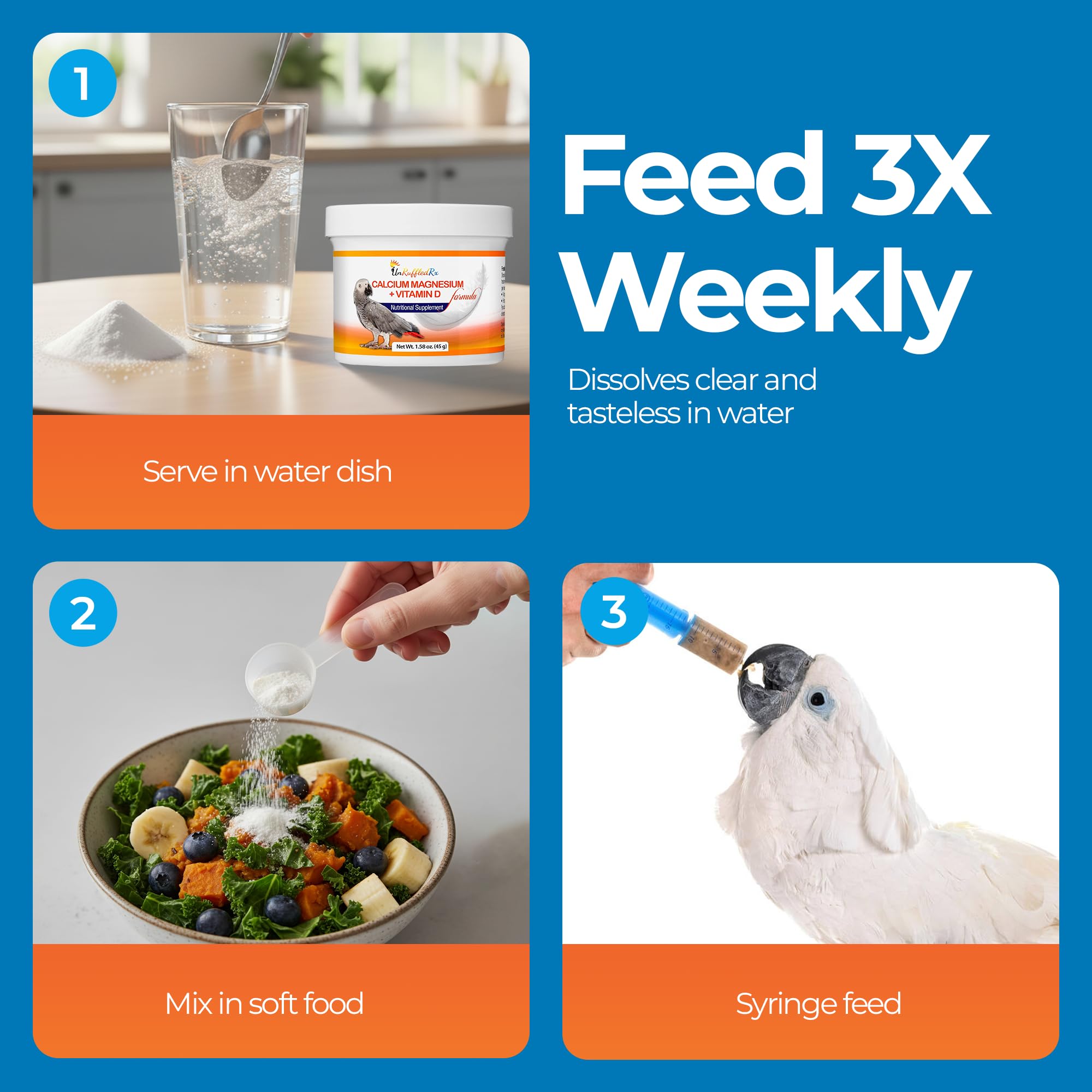 UnRuffledRx Bird Calcium Plus scoop-dosing demonstrates simple three-times-a-week routine.