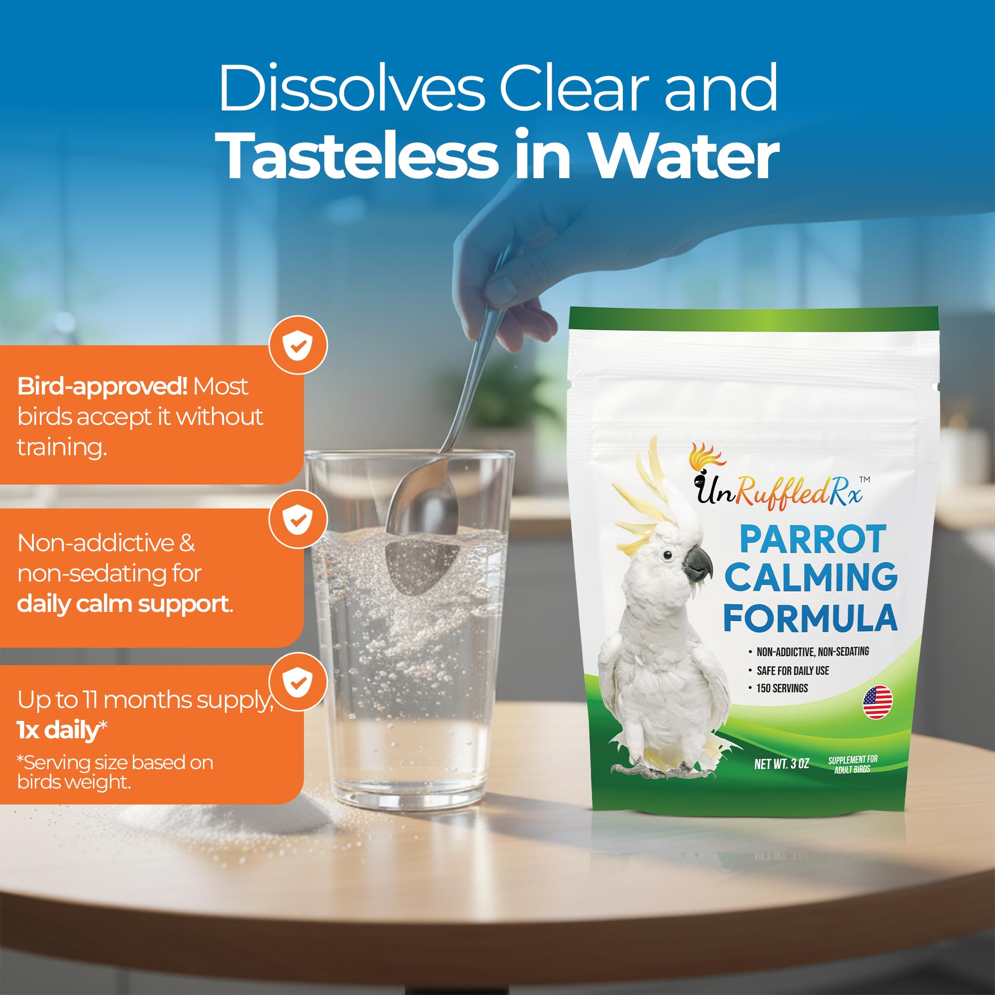 UnRuffledRx Calming Formula parrot-relaxed-moments implies broader wellbeing