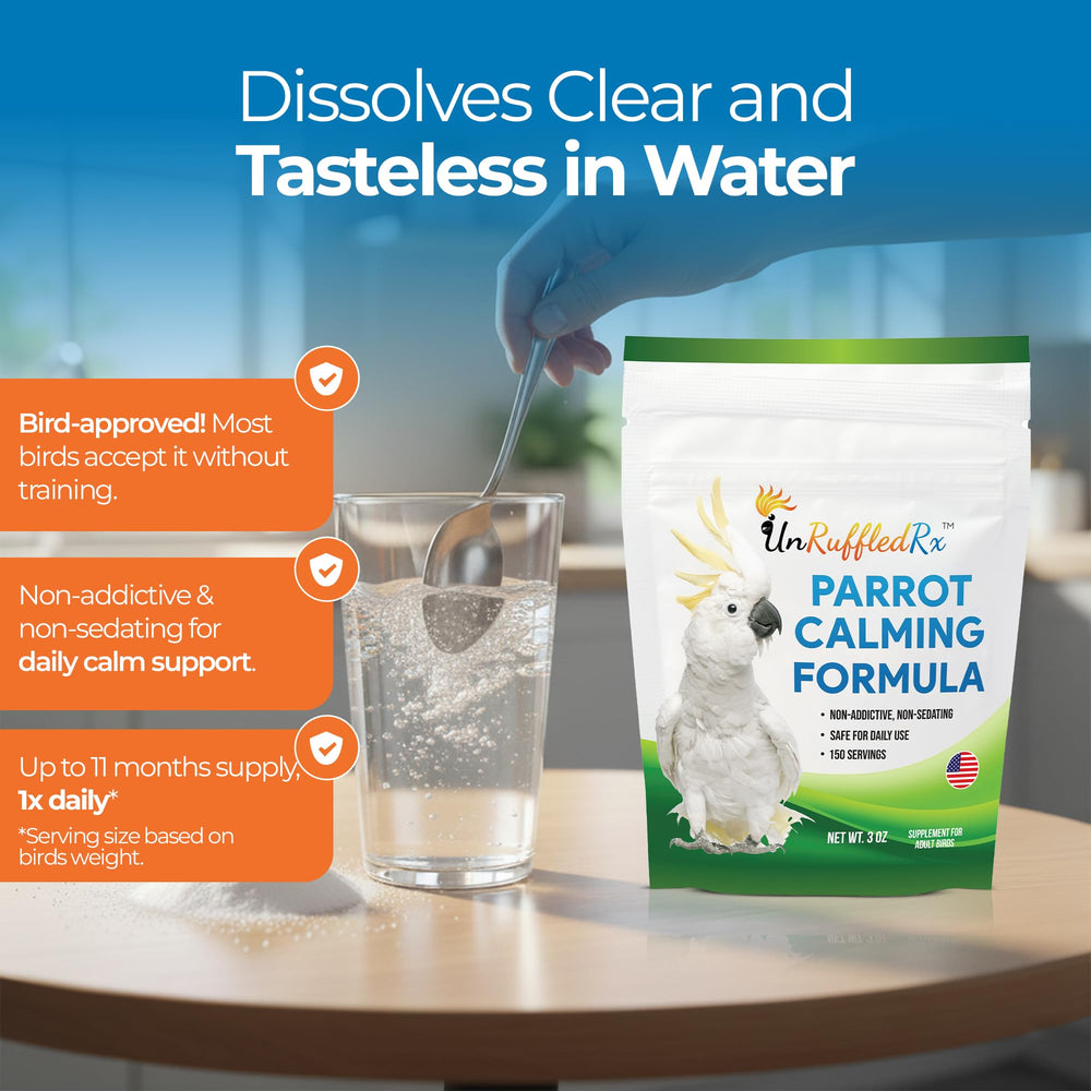 UnRuffledRx Calming Formula parrot-relaxed-moments implies broader wellbeing