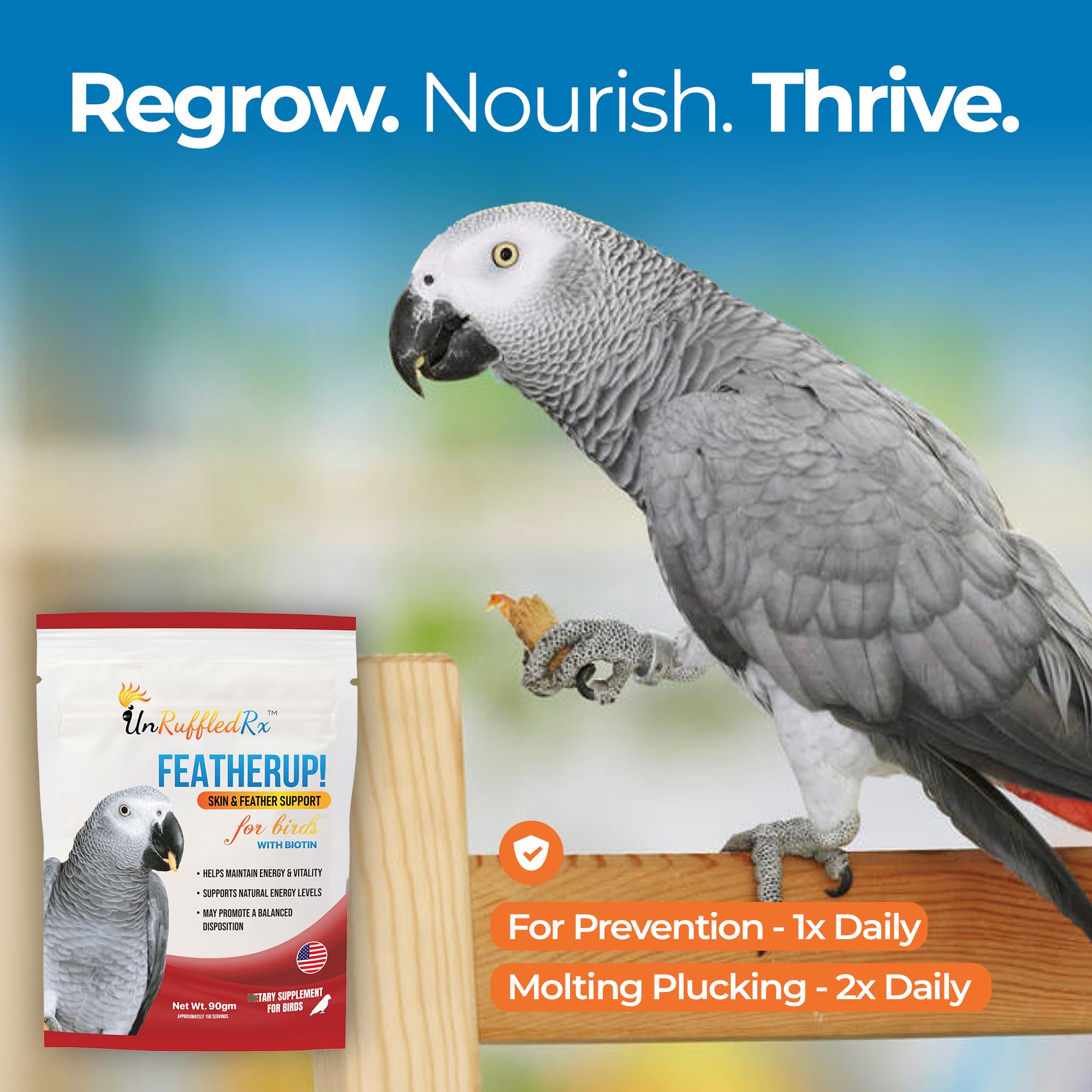 UnRuffledRx FeatherUp omega-3 nutrients suggest shinier feathers.