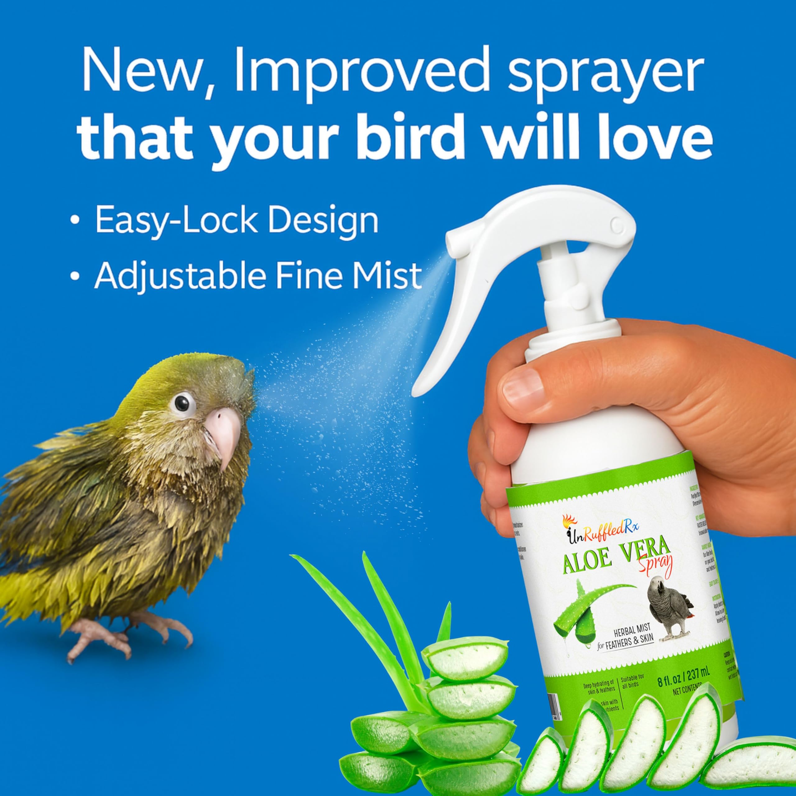 UnRuffledRx Molting comfort spray—moisturizes dry skin and supports feather growth.