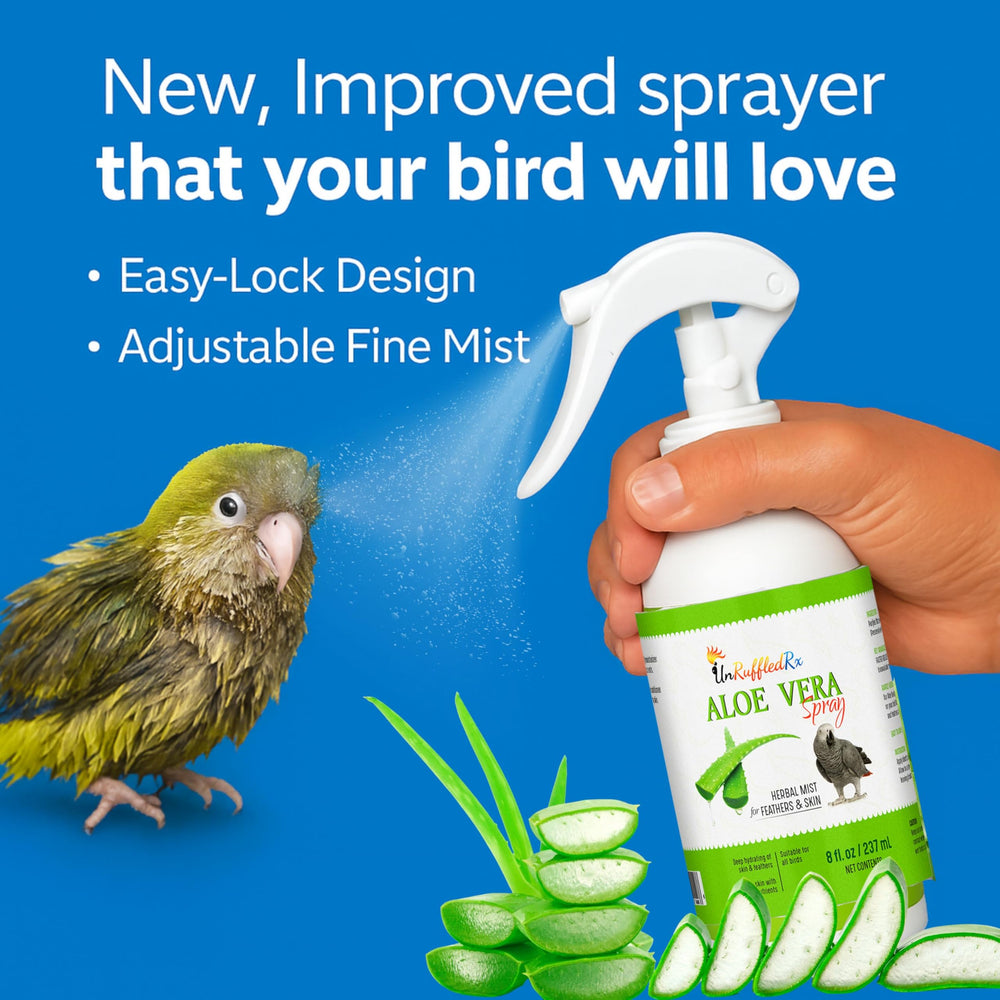 UnRuffledRx Molting comfort spray—moisturizes dry skin and supports feather growth.