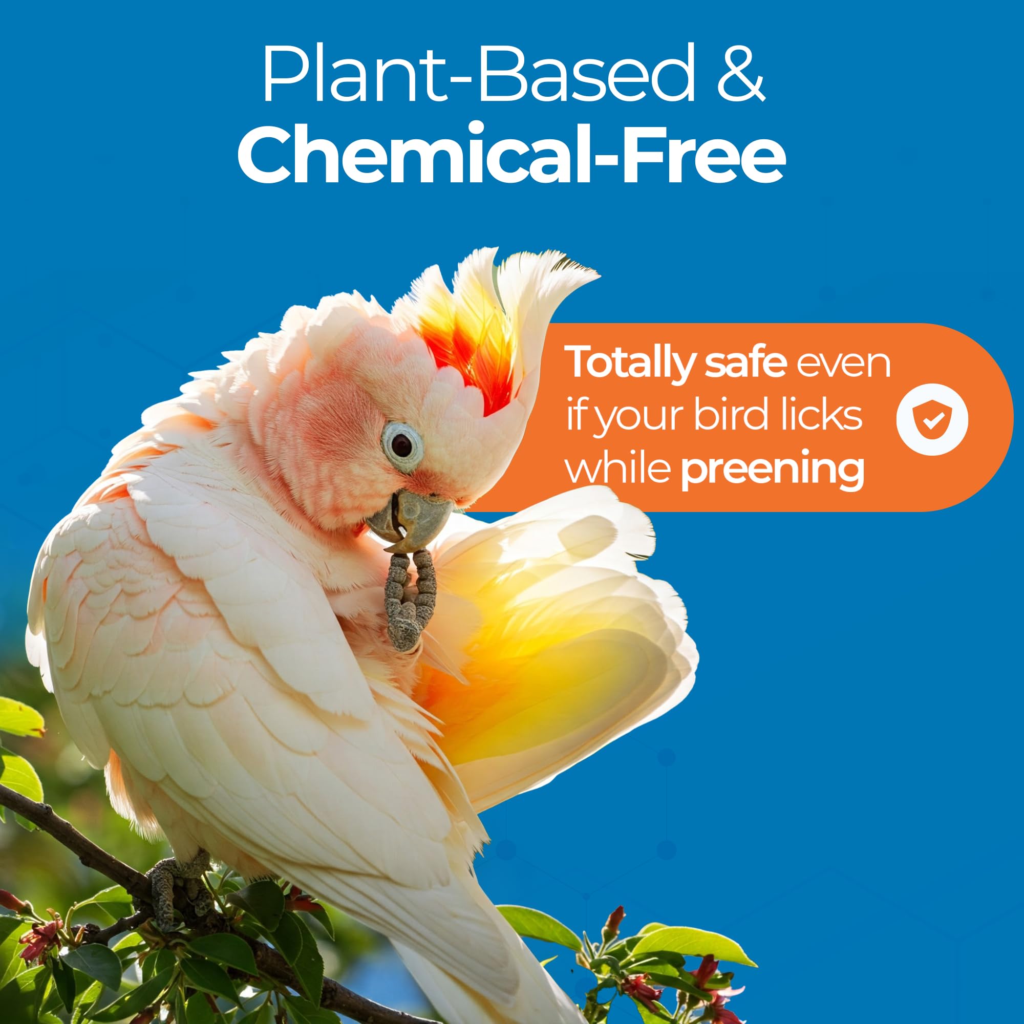 UnRuffledRx Safe-for-ingestion label—chemical-free, daily-use spray for worry-free preening.