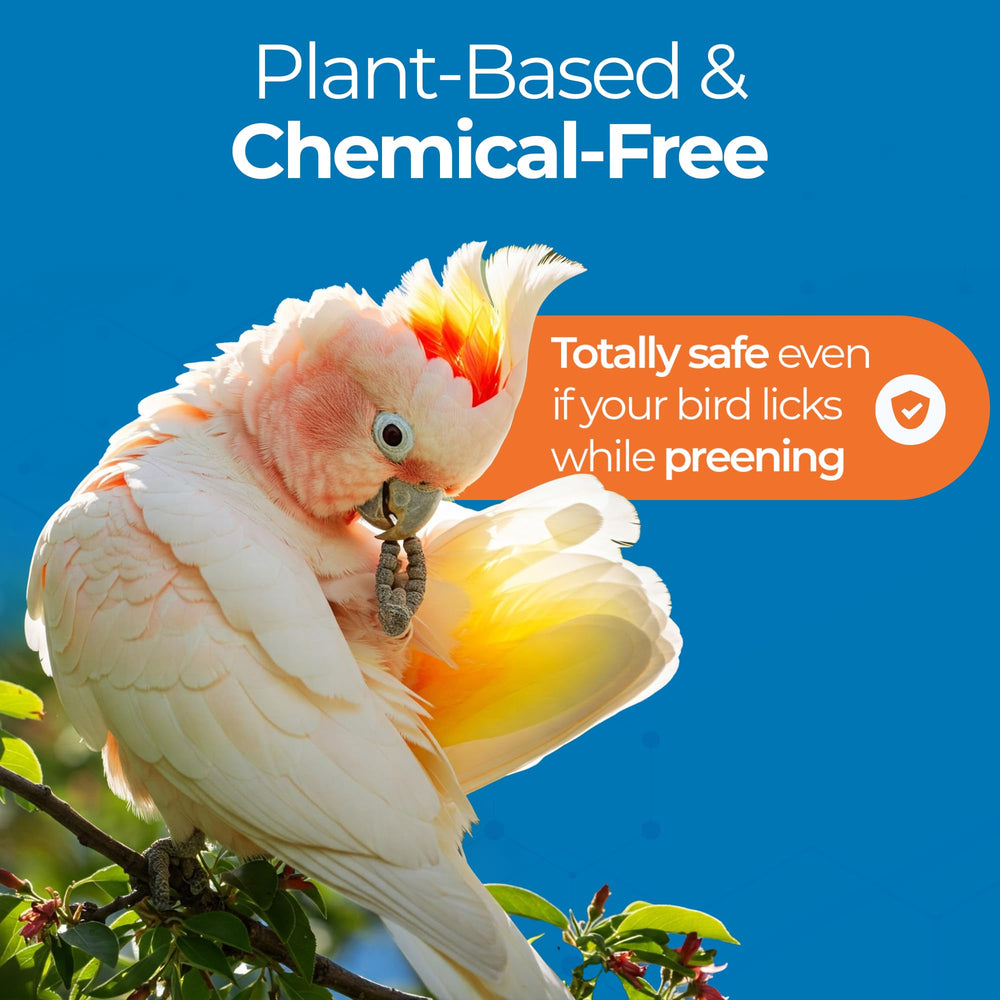 UnRuffledRx Safe-for-ingestion label—chemical-free, daily-use spray for worry-free preening.