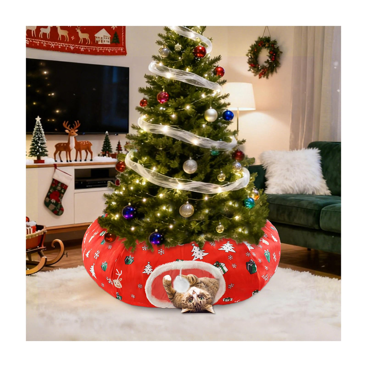 Uoiispet cat tunnel bed under tree skirt 36in cozy holiday hideaway and decor.