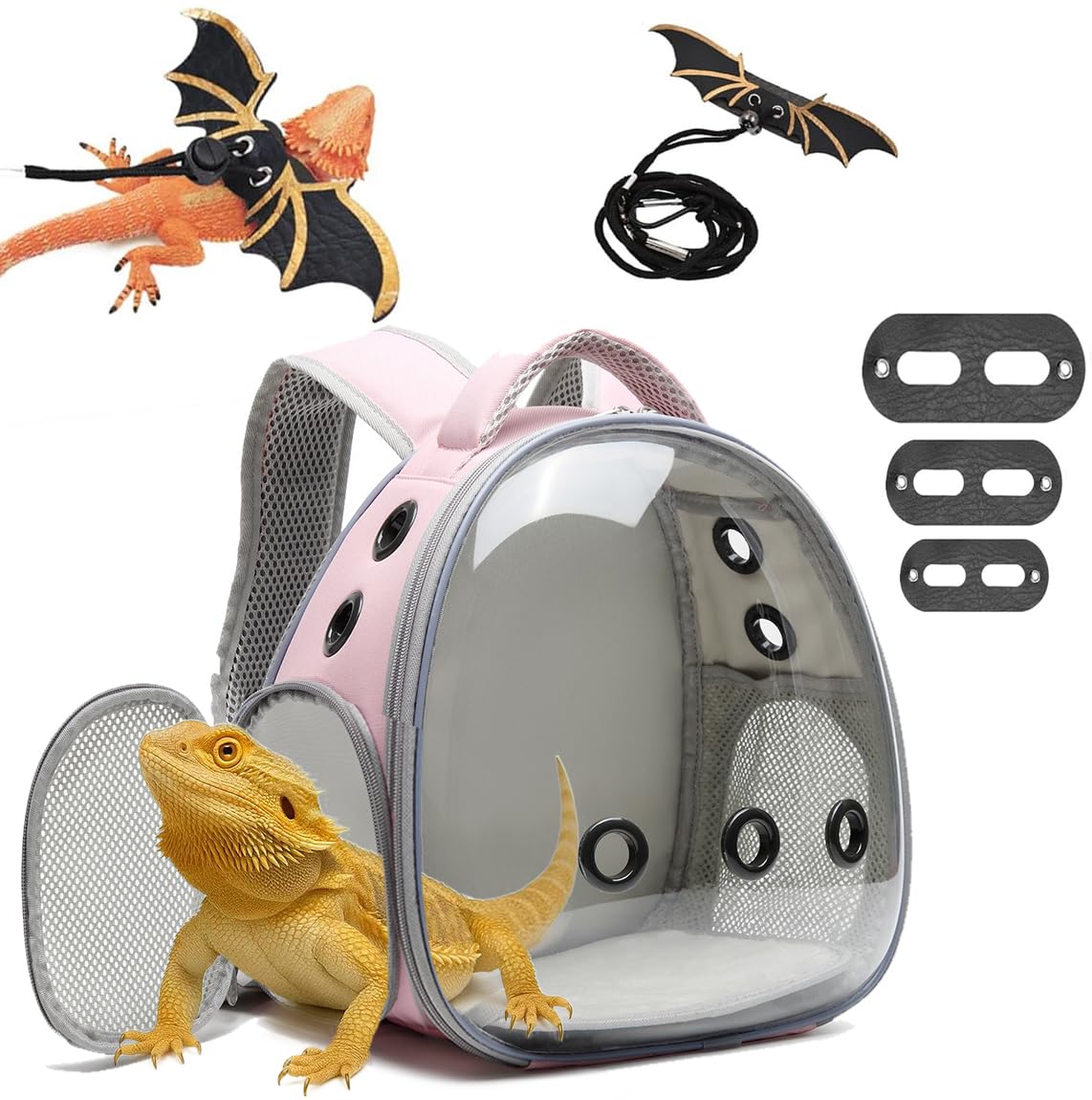 UOOPET pink bearded dragon backpack carrier front view for easy travel