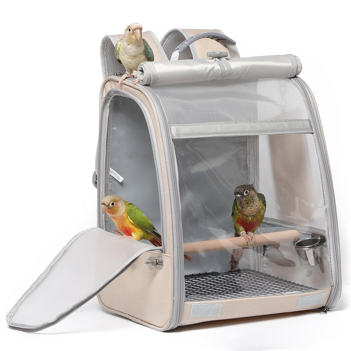 UOOPET Bird Carrier Backpack side door enables easy feeding while traveling.