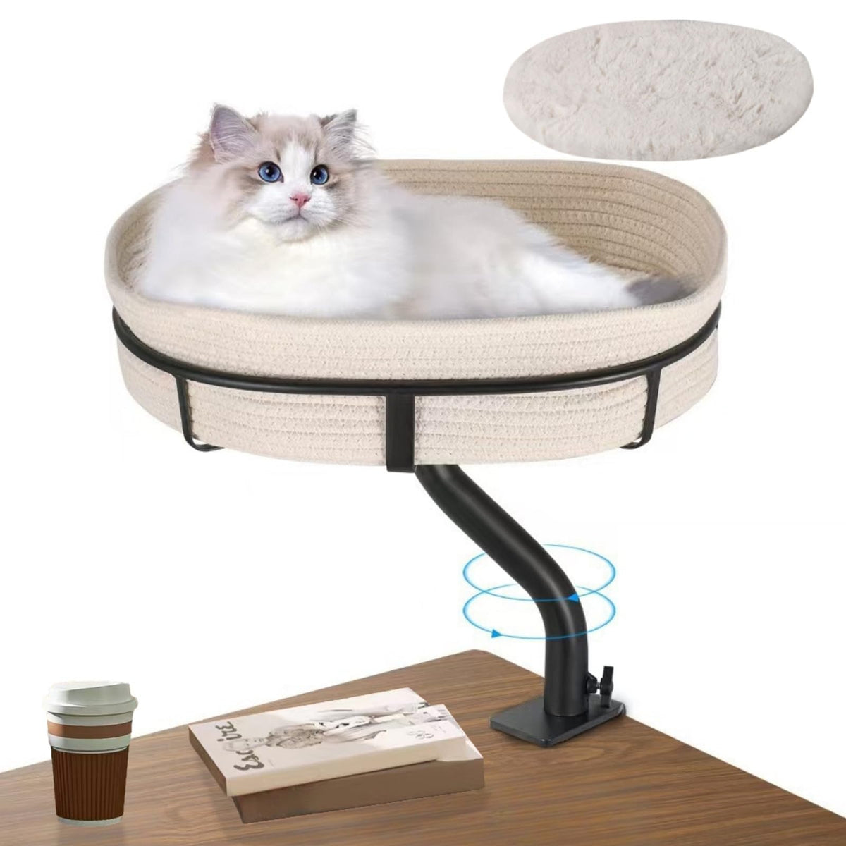 Uoveya Cat Desk Bed assembled on desk, showcasing 360° swivel saving space.