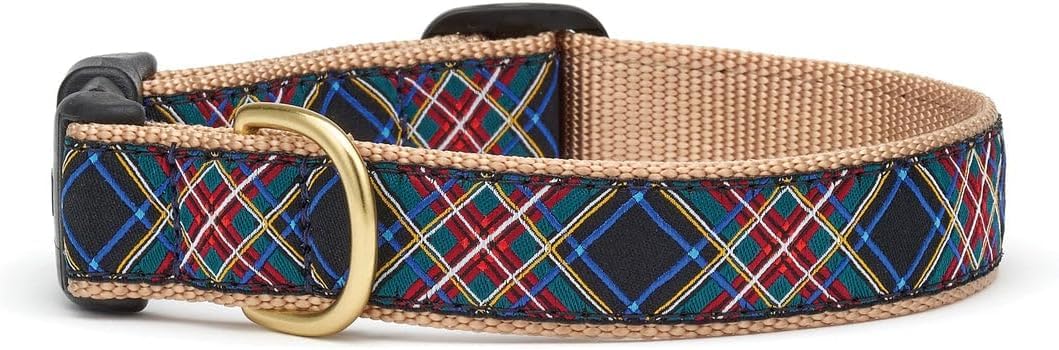 Up Country Black Tartan Collar Closeup shows durable nylon and brass hardware for secure daily wear.