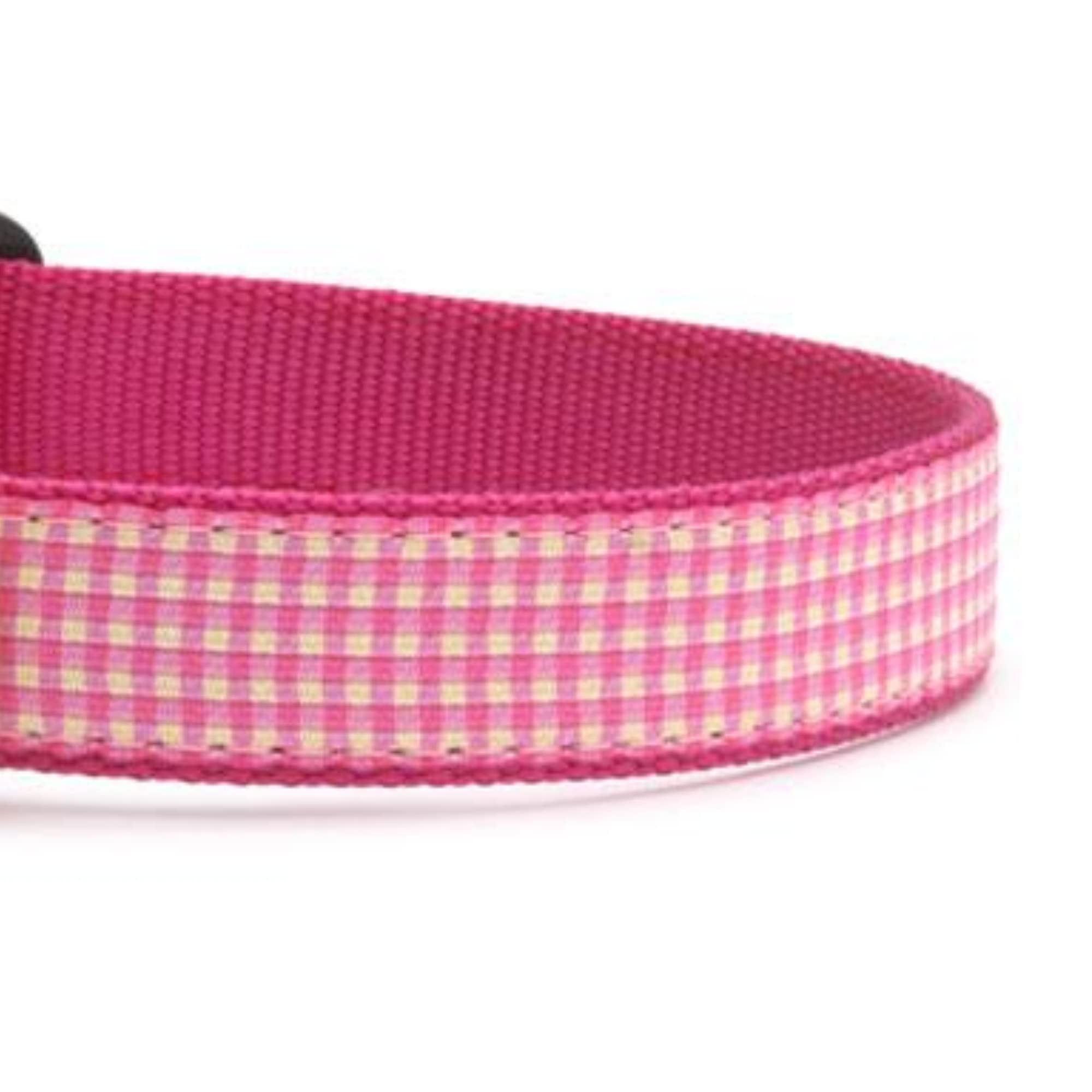 Up Country Pink Gingham dog collar wash-friendly design supports easy cleaning after outdoor adventures.