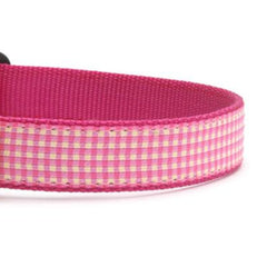 Up Country Pink Gingham dog collar wash-friendly design supports easy cleaning after outdoor adventures.
