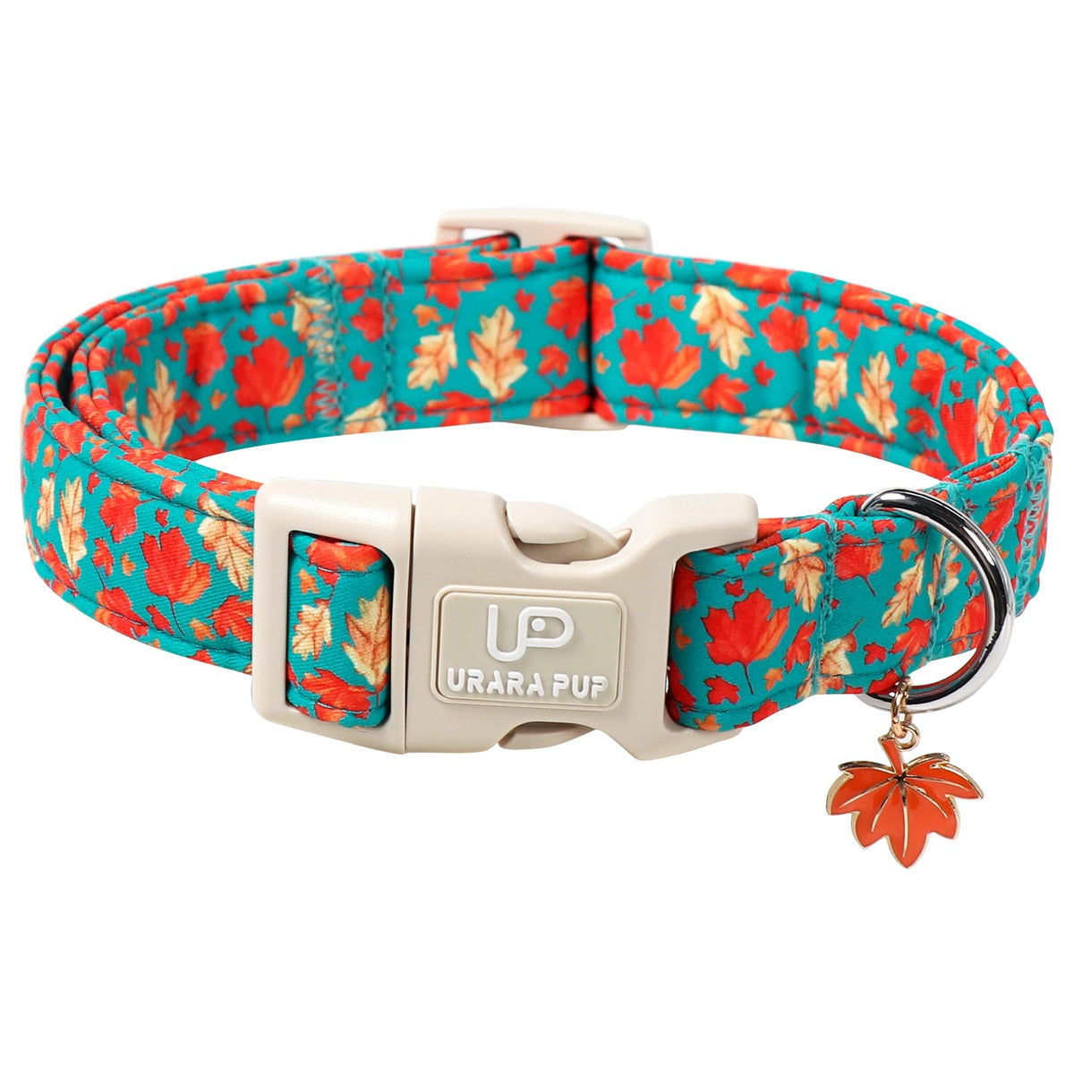 UP URARA PUP fall collar with maple leaf charm for stylish autumn walks.