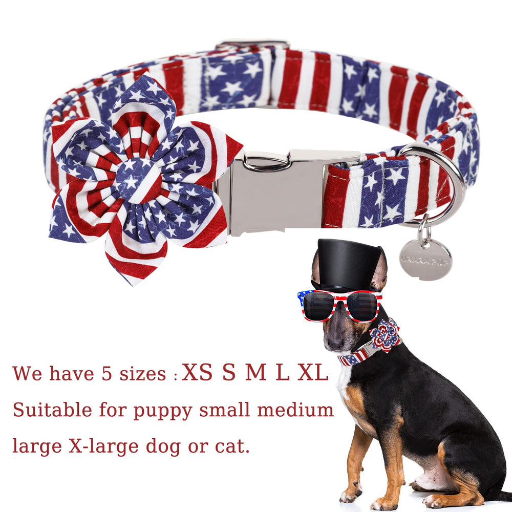 UP URARA PUP patriotic flower collar on dog highlights easy on/off metal buckle.