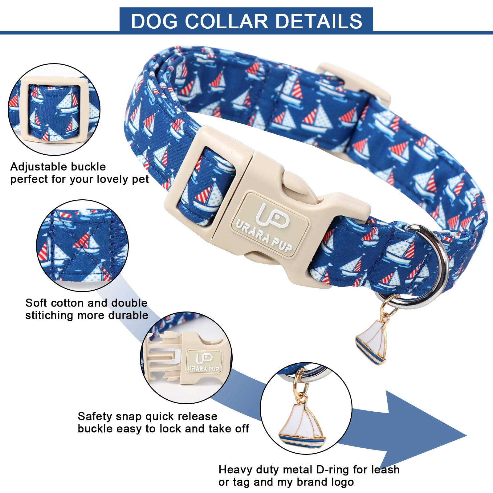 UP URARA PUP US flag collar shows durable D-ring for easy leash attachment.