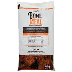 UPCO Bone Meal powder bottle view, USA-made, calcium-phosphorus balance.