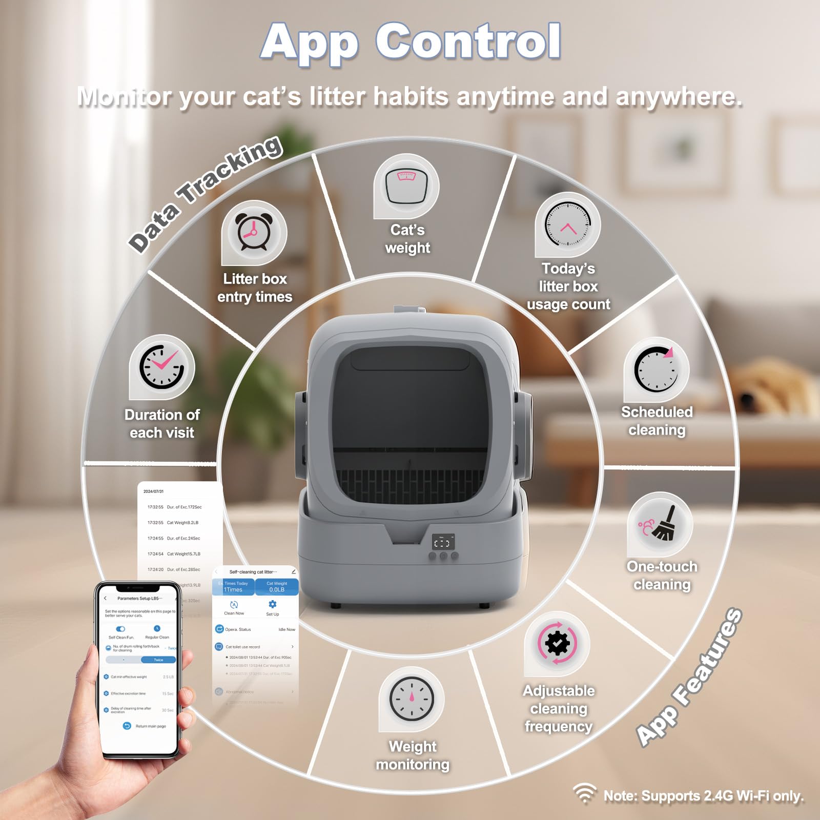 UPFAS Litter Box weight-monitoring-display highlights weight tracking and activity insights.