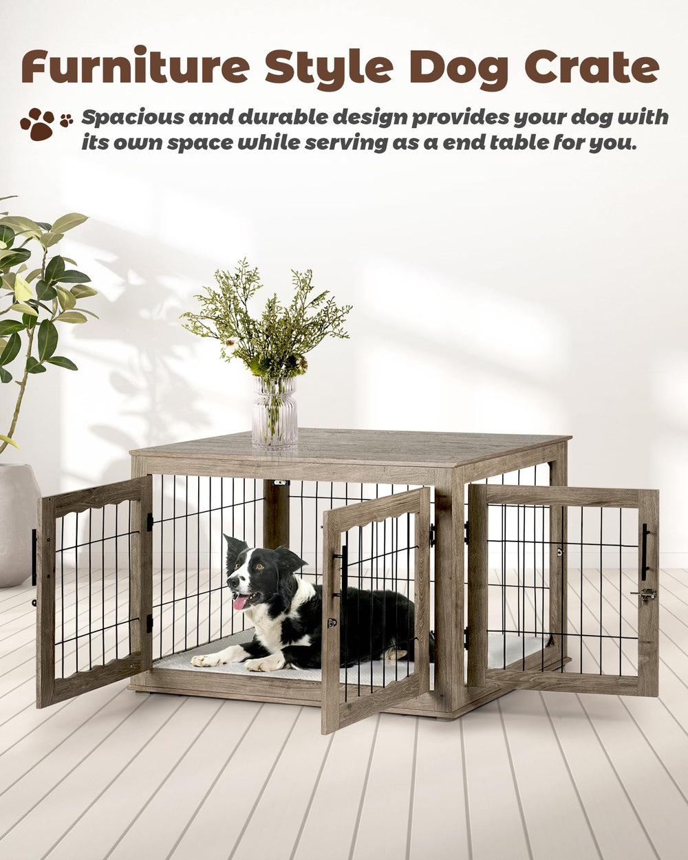 Upolana dog crate furniture greige tone complements modern interiors.