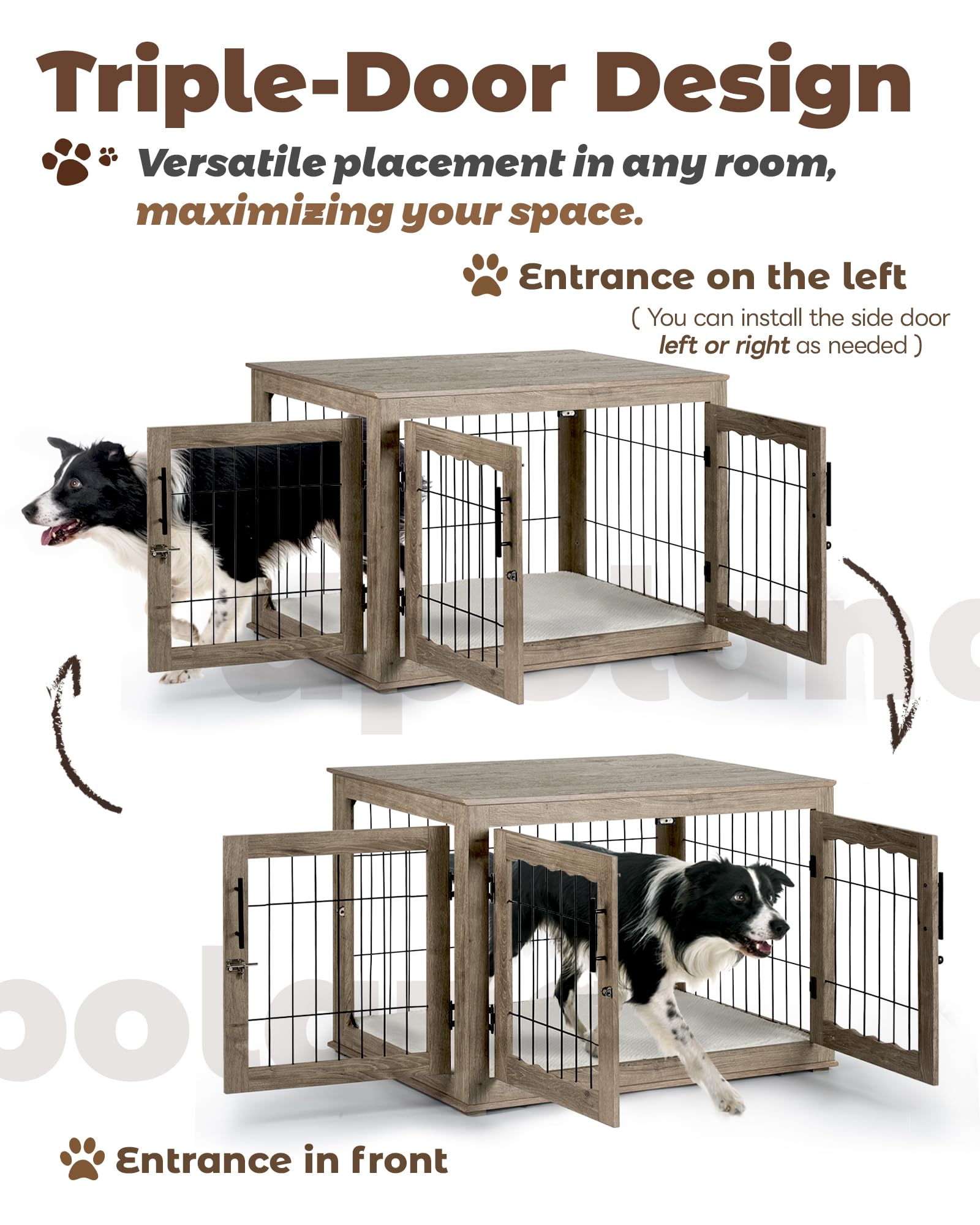 Upolana dog crate furniture three doors for easy pet entry and exit.