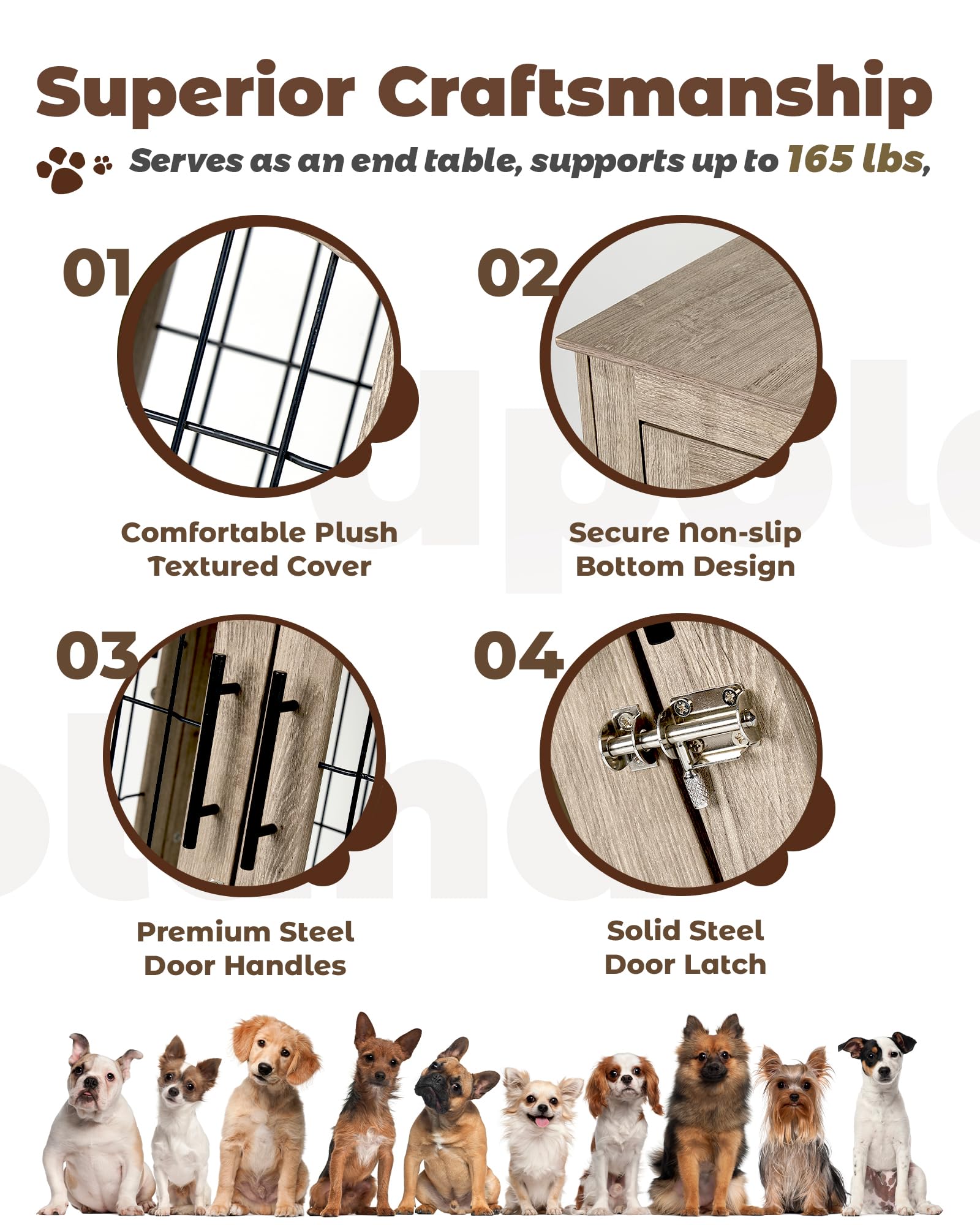 Upolana dog crate furniture wood detail highlights durable construction.