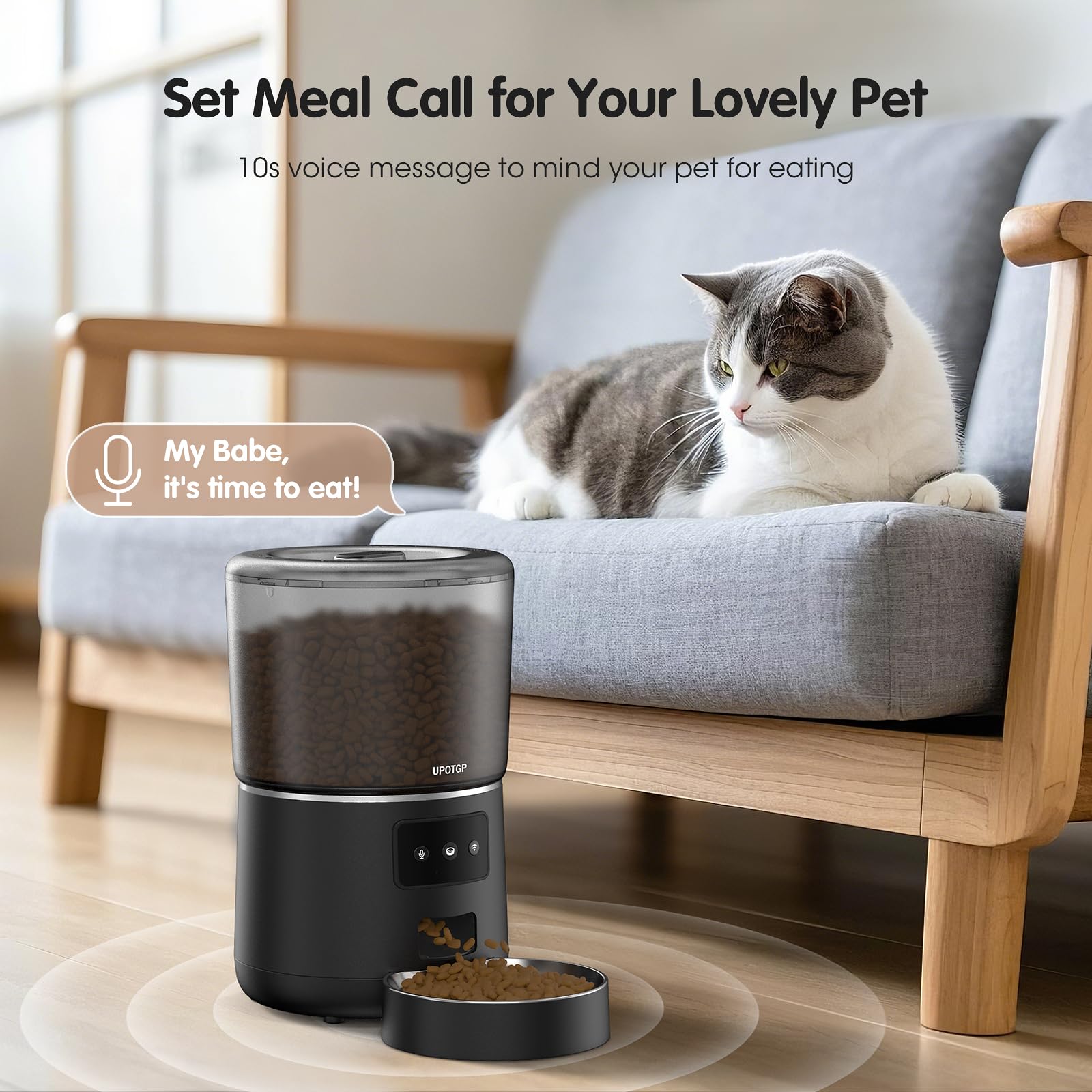 UPOTGP automatic cat feeder 4L capacity with stainless steel feeding bowl enables steady meals