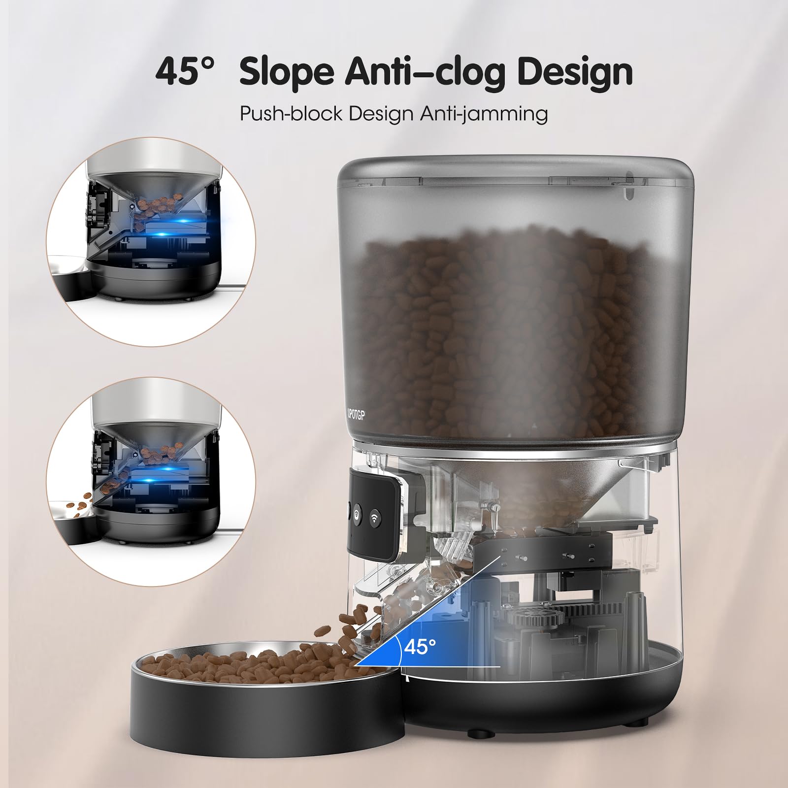 UPOTGP anti-clog technology image shows smooth kibble flow and jam prevention