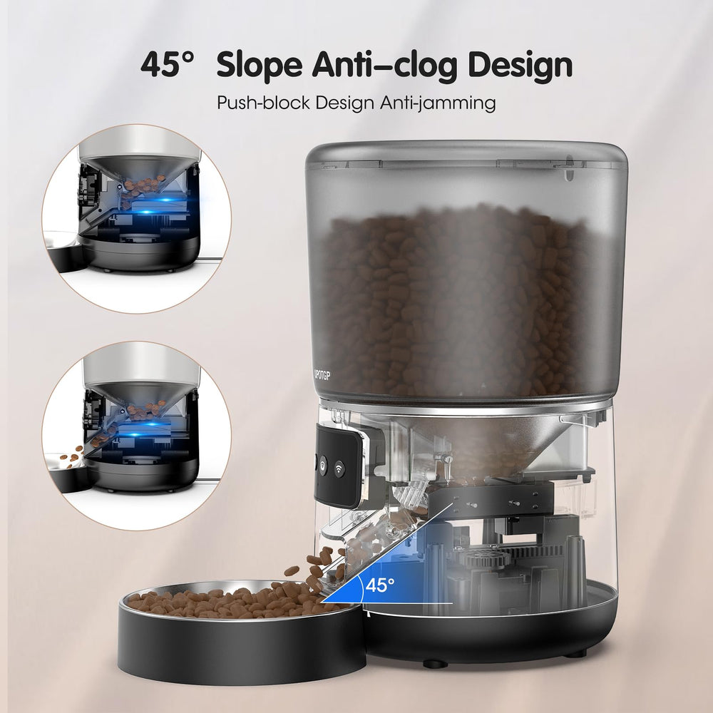 UPOTGP anti-clog technology image shows smooth kibble flow and jam prevention