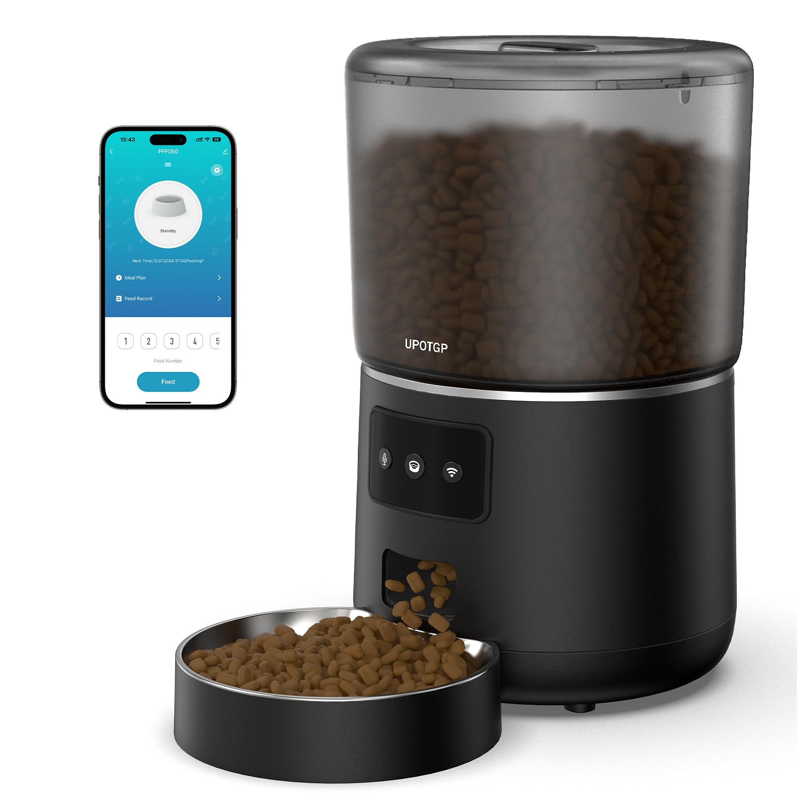 UPOTGP automatic cat feeder front view showing 4L capacity for consistent meals