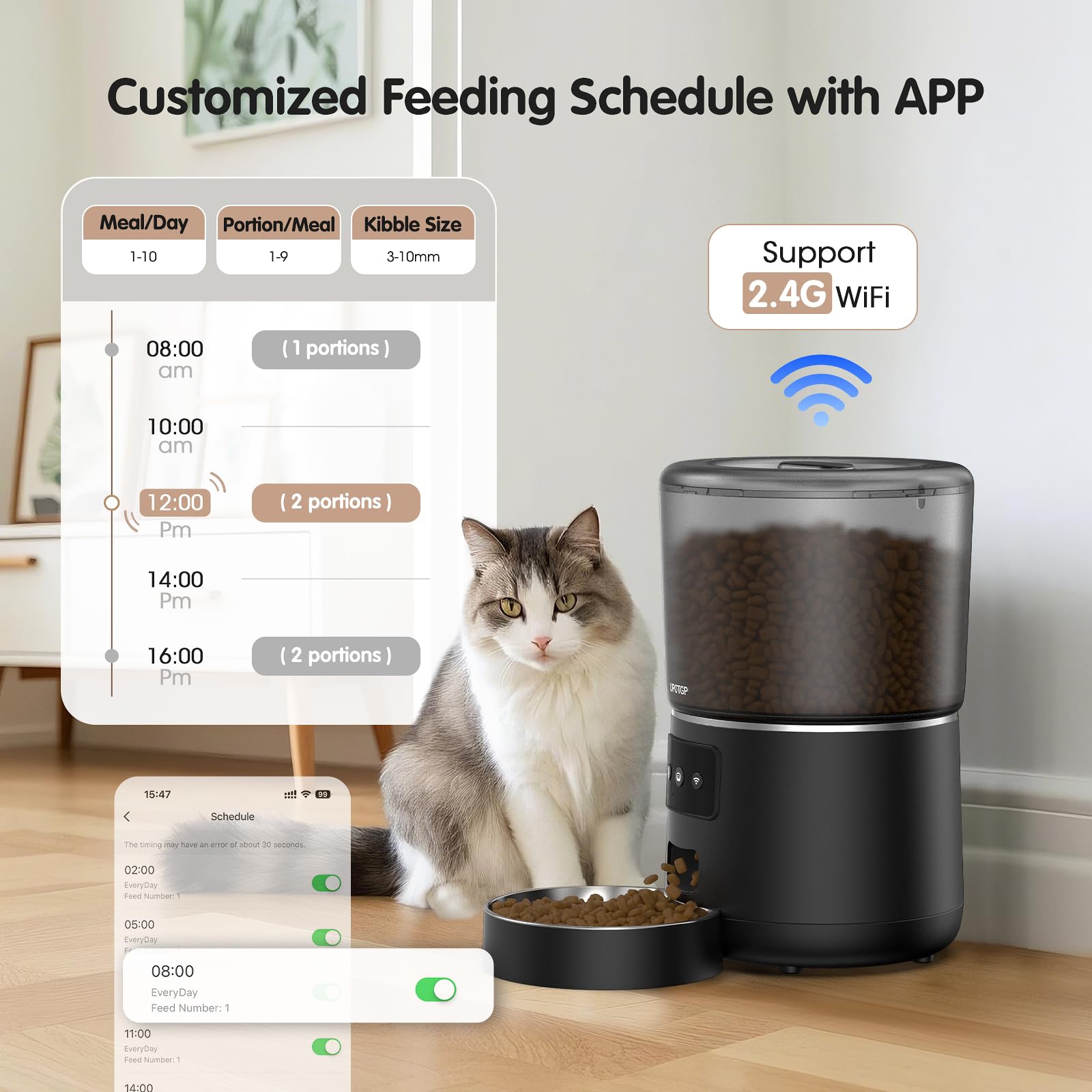 UPOTGP automatic cat feeder wifi setup image demonstrating app control remotely