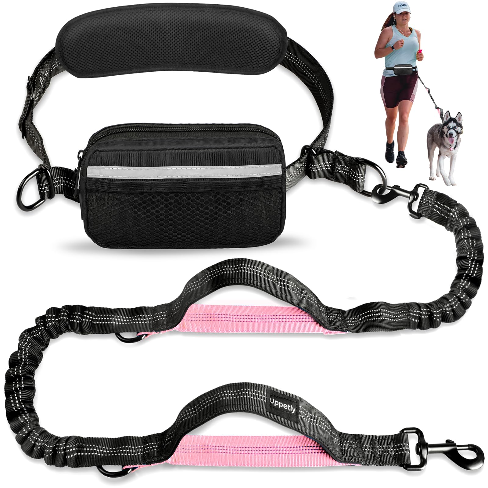 Uppetly hands-free dog leash waist belt enables secure, hands-free walking during runs.
