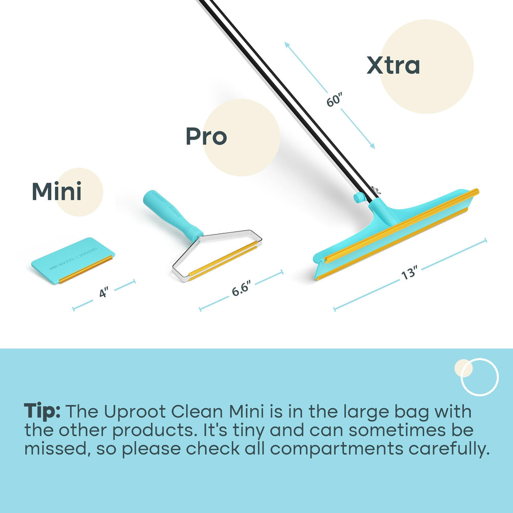 Uproot Cleaner Mini pet hair removal tool on couch for tight spaces.