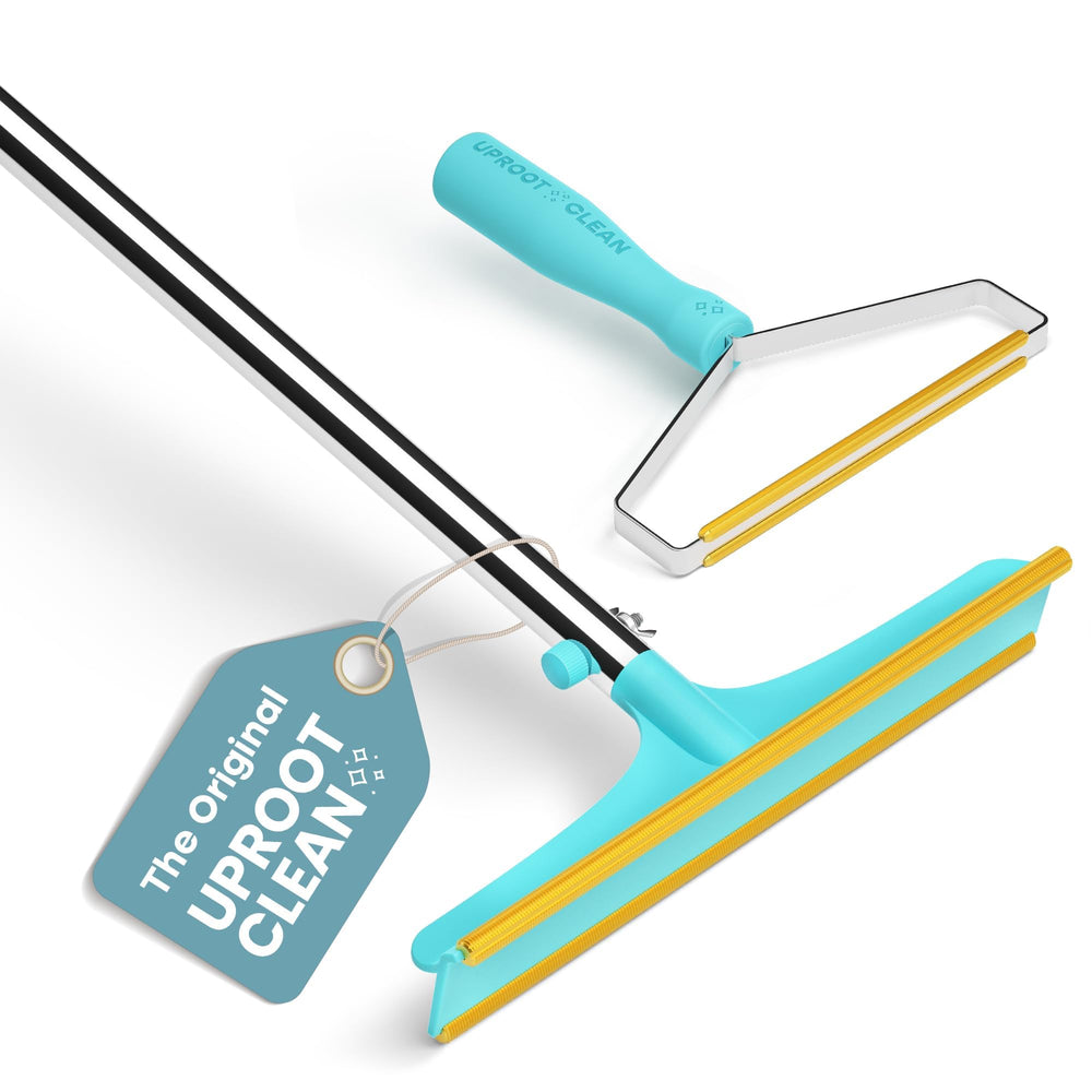 Uproot Cleaner Pro pet hair remover bundle packaging shows quick multi-surface cleaning.