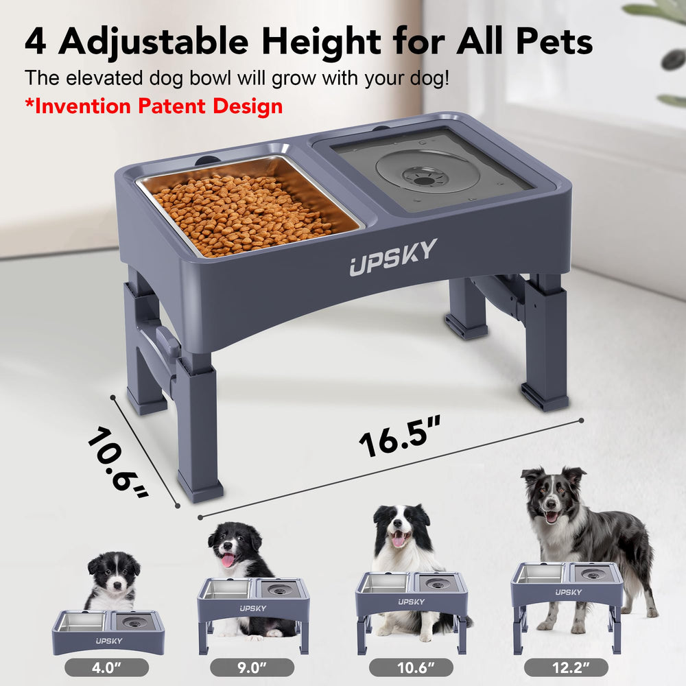 UPSKY 4-height adjustable dining stand keeps dog at ideal neck level.