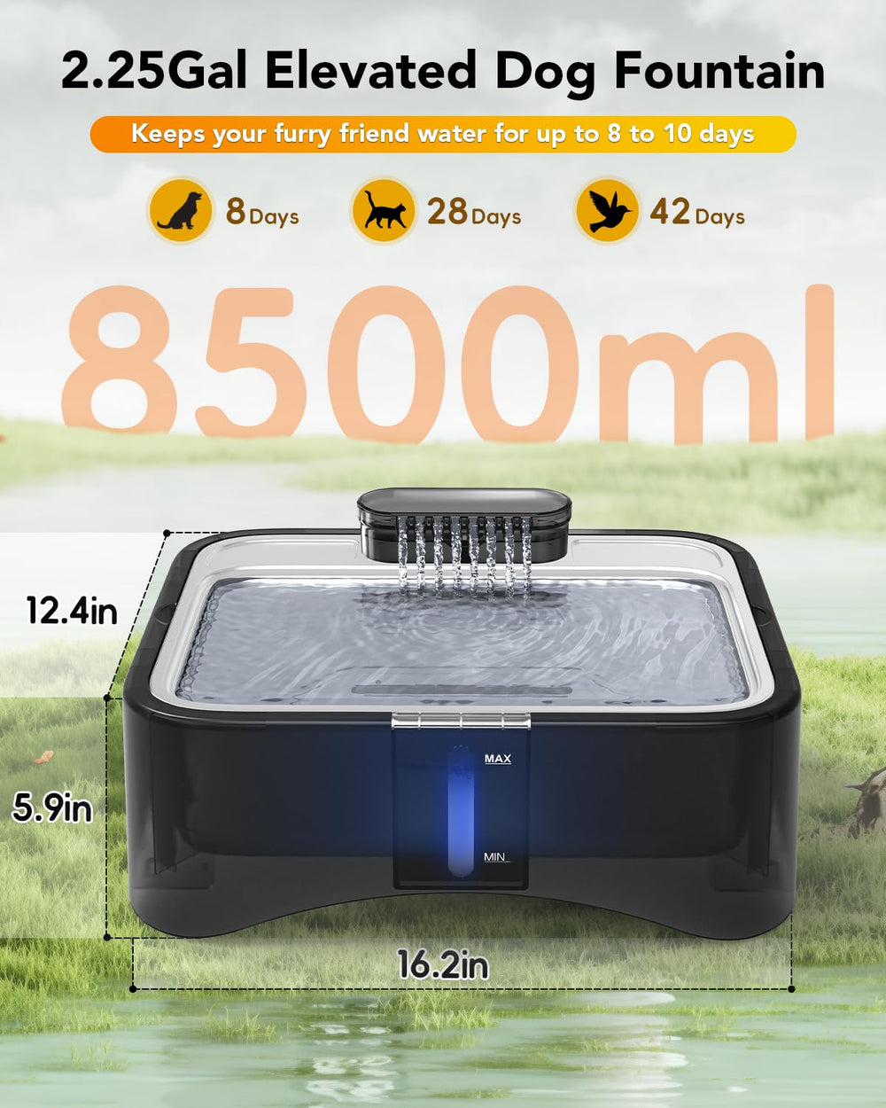 UPSKY large-capacity fountain holds 8.5L, reducing refills for multiple pets.