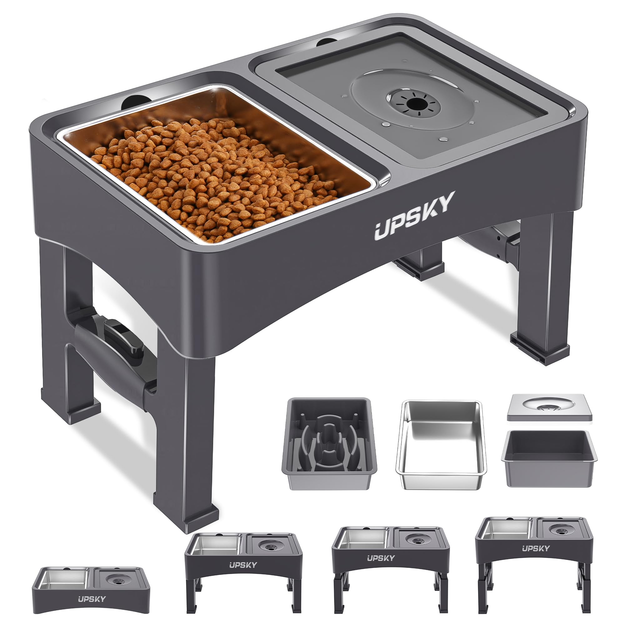UPSKY 3-in-1 elevated dog bowls assembly shows versatile setup for growing dogs and seniors