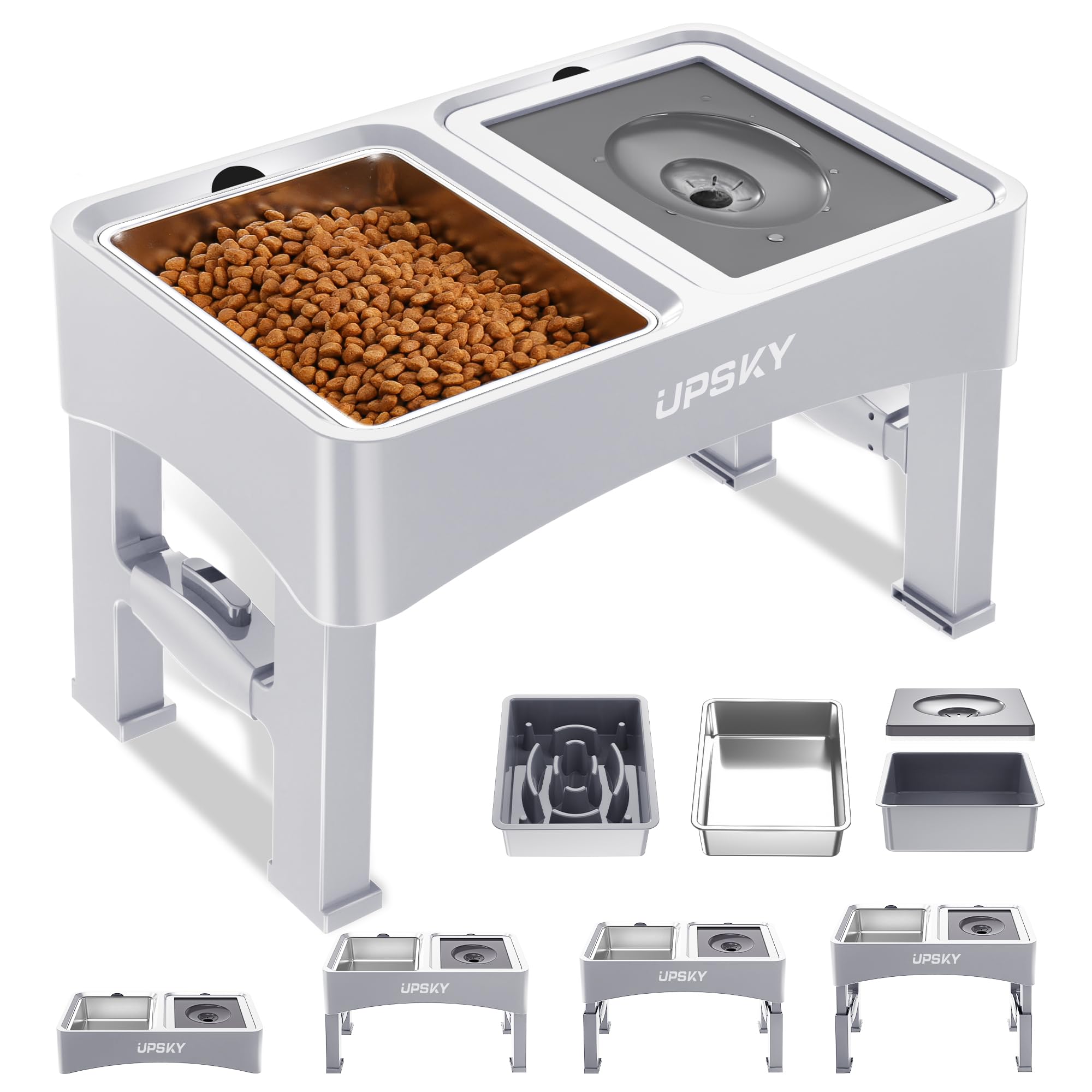 UPSKY 3-in-1 elevated bowls setup shows adjustable height for growing dogs