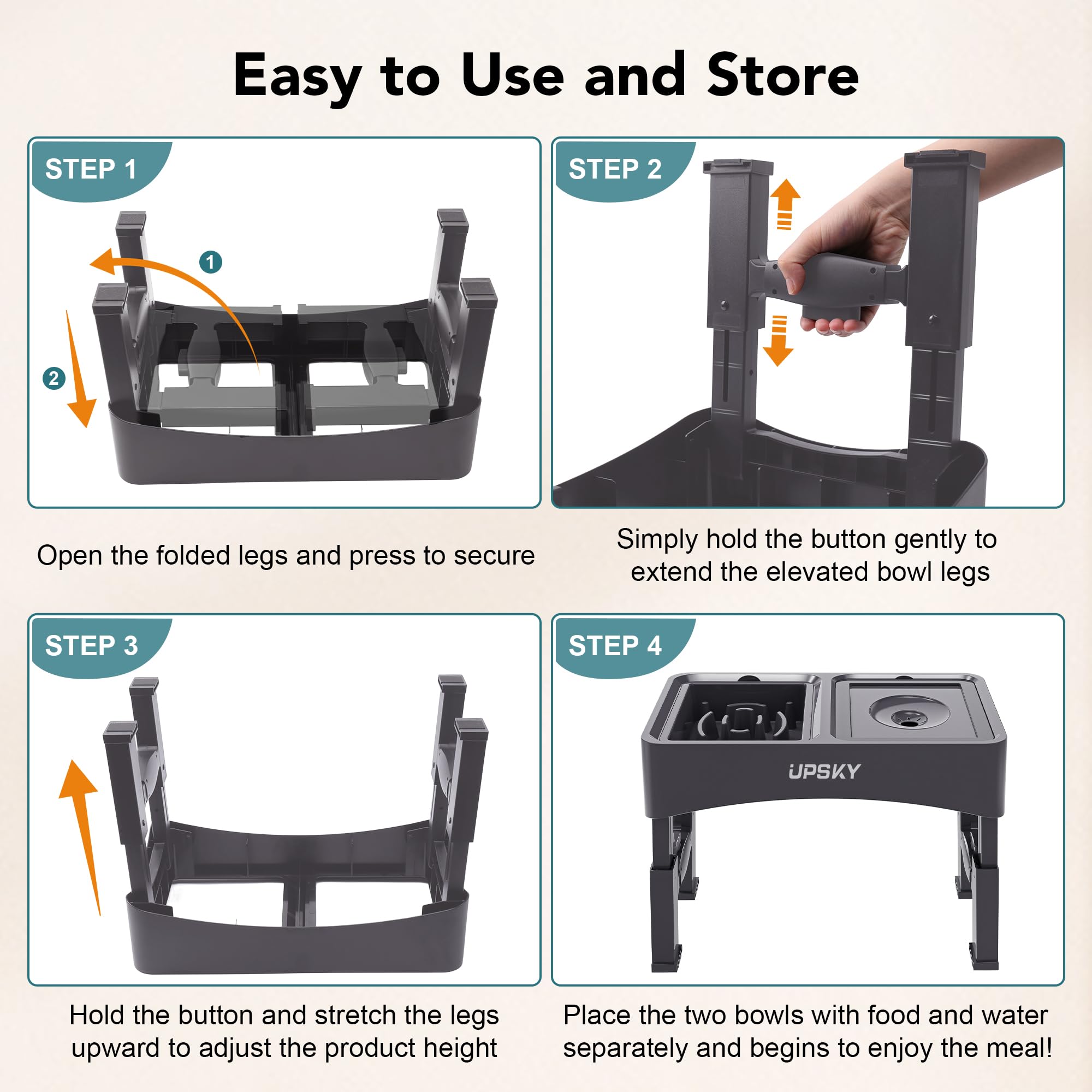 UPSKY anti-slip floor pads secure the elevated bowls on slippery surfaces