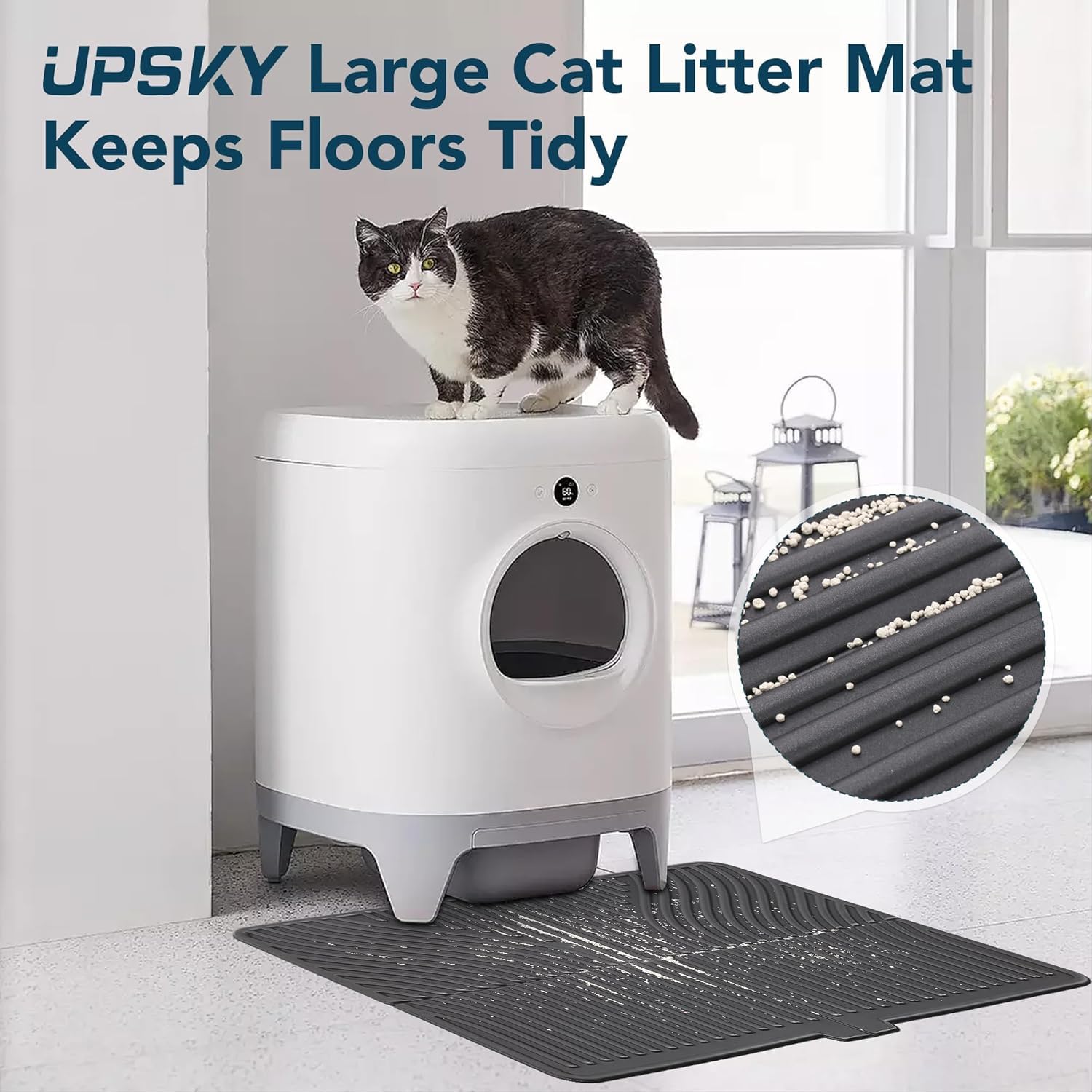 UPSKY cat litter mat in-use shows convenient trapping and easy upkeep around the litter area.