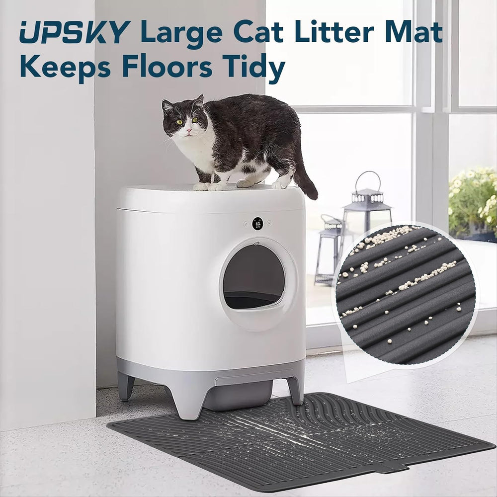 UPSKY cat litter mat in-use shows convenient trapping and easy upkeep around the litter area.