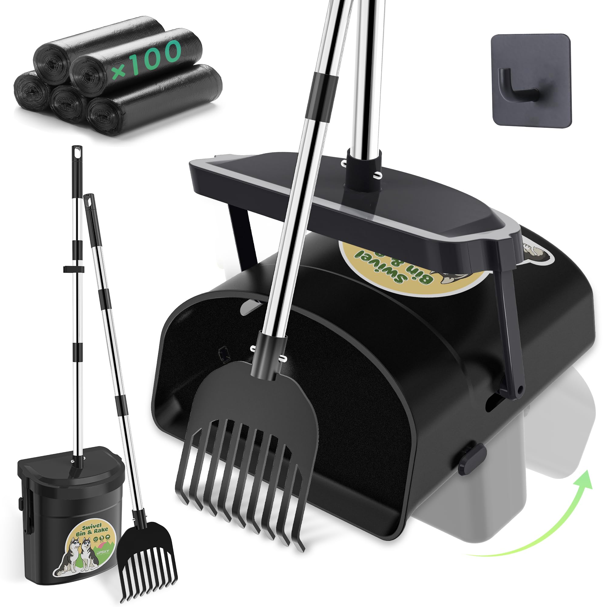 UPSKY dog pooper scooper swivel-bin for easy yard cleanup and disposal.